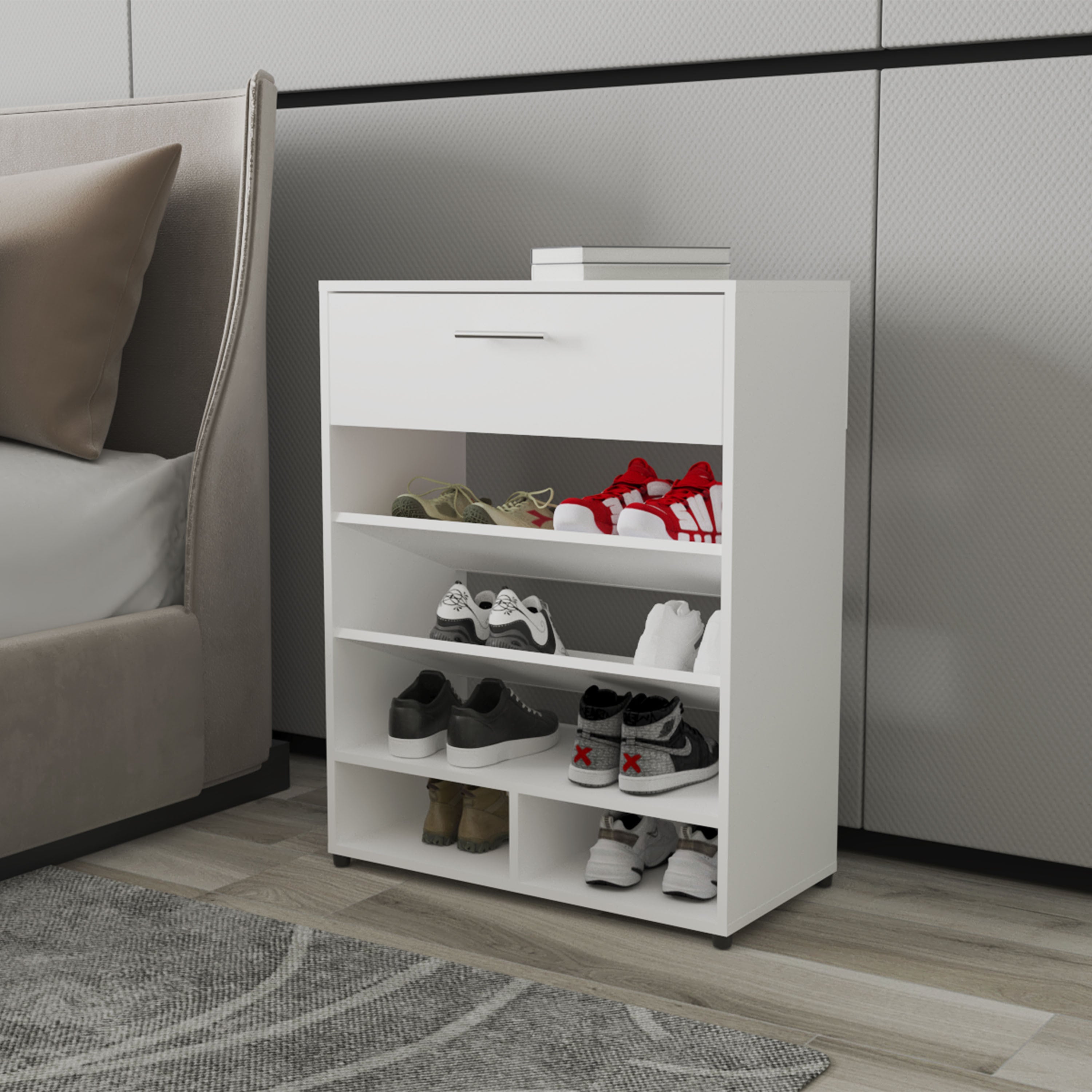 Onawa Modern White Shoe Rack with Drawer - Entryway Storage