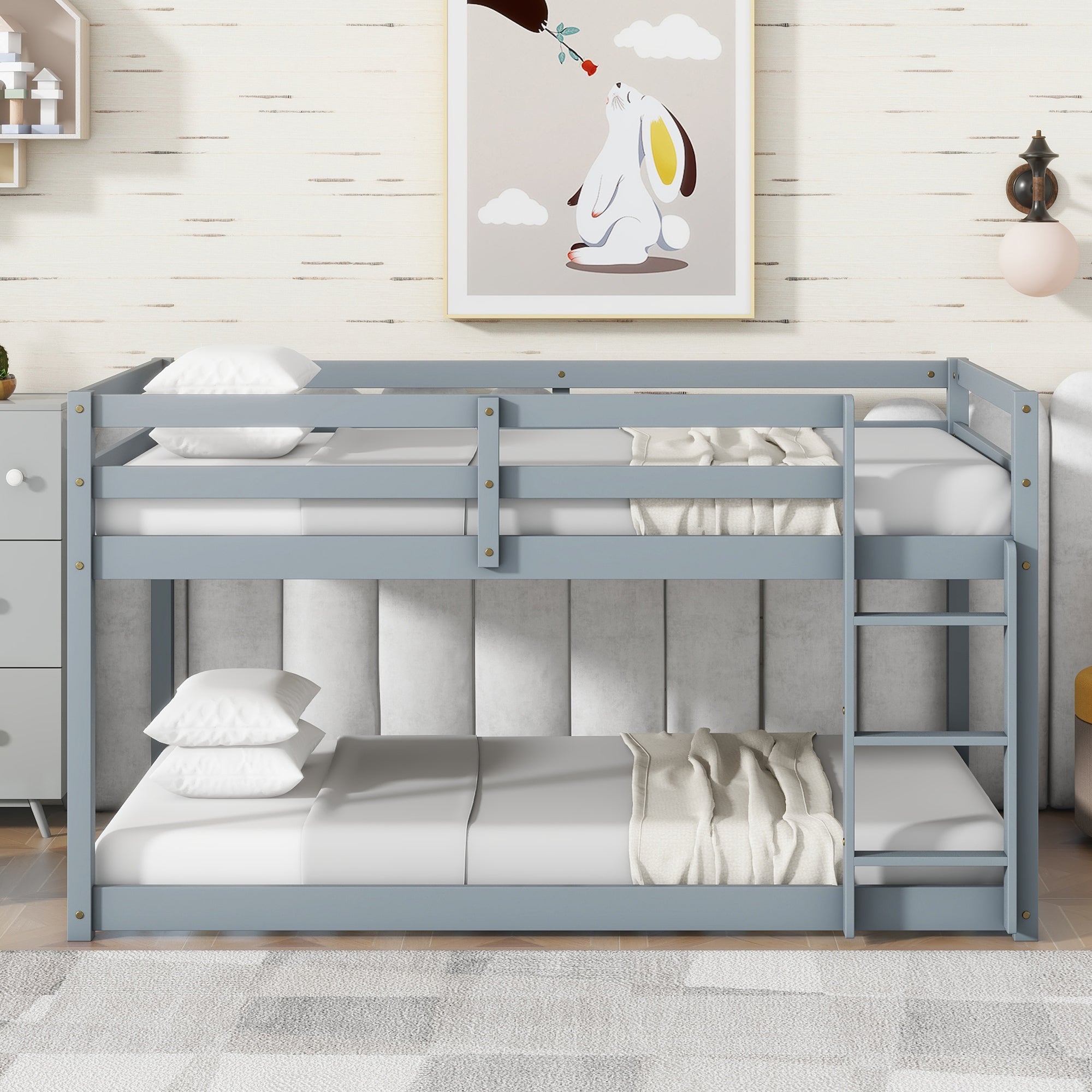 Solid Wood Twin over Twin Floor Bunk Bed with Ladder, Grey