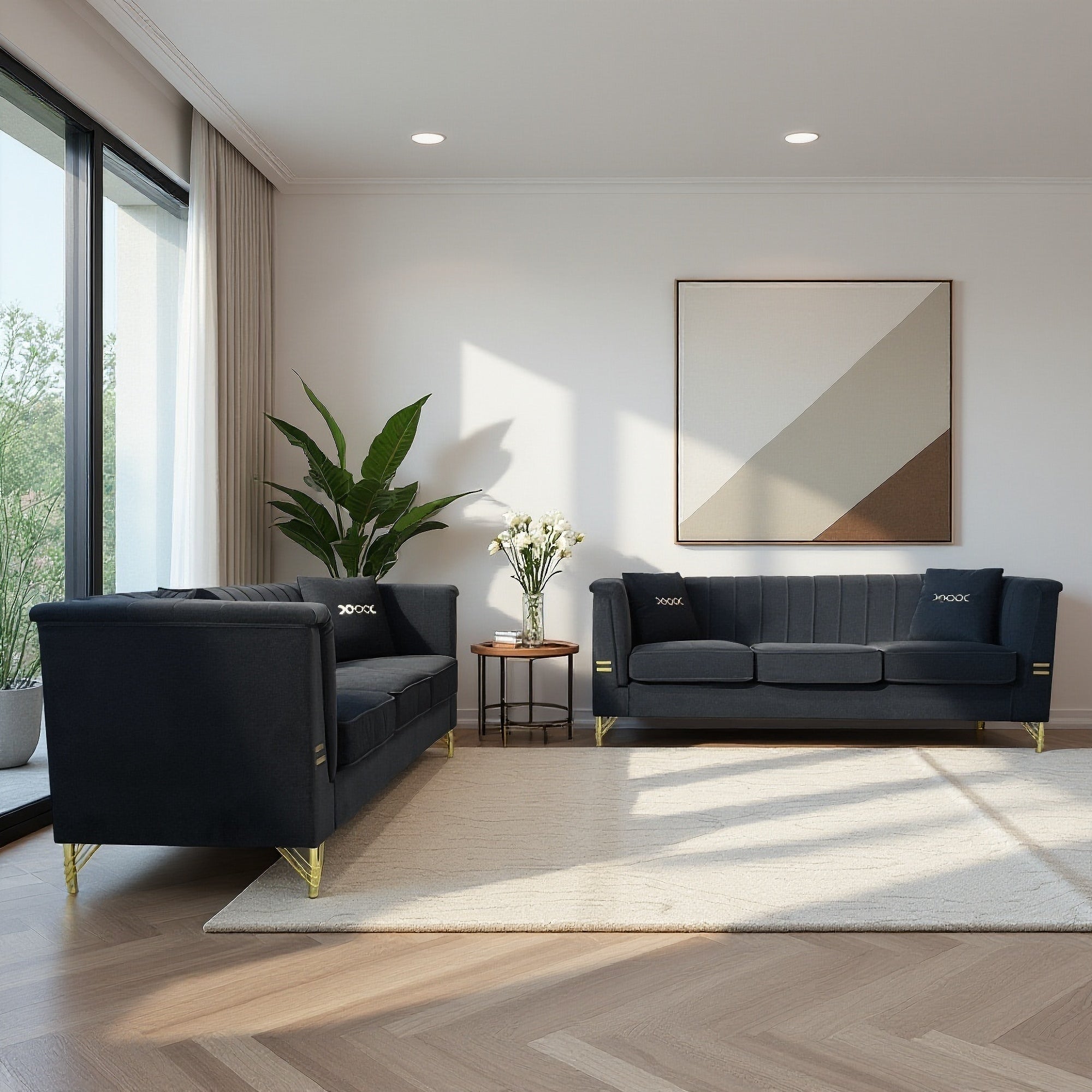 Stylish Black Velvet Sofa Set 2 Modern Gold Legs