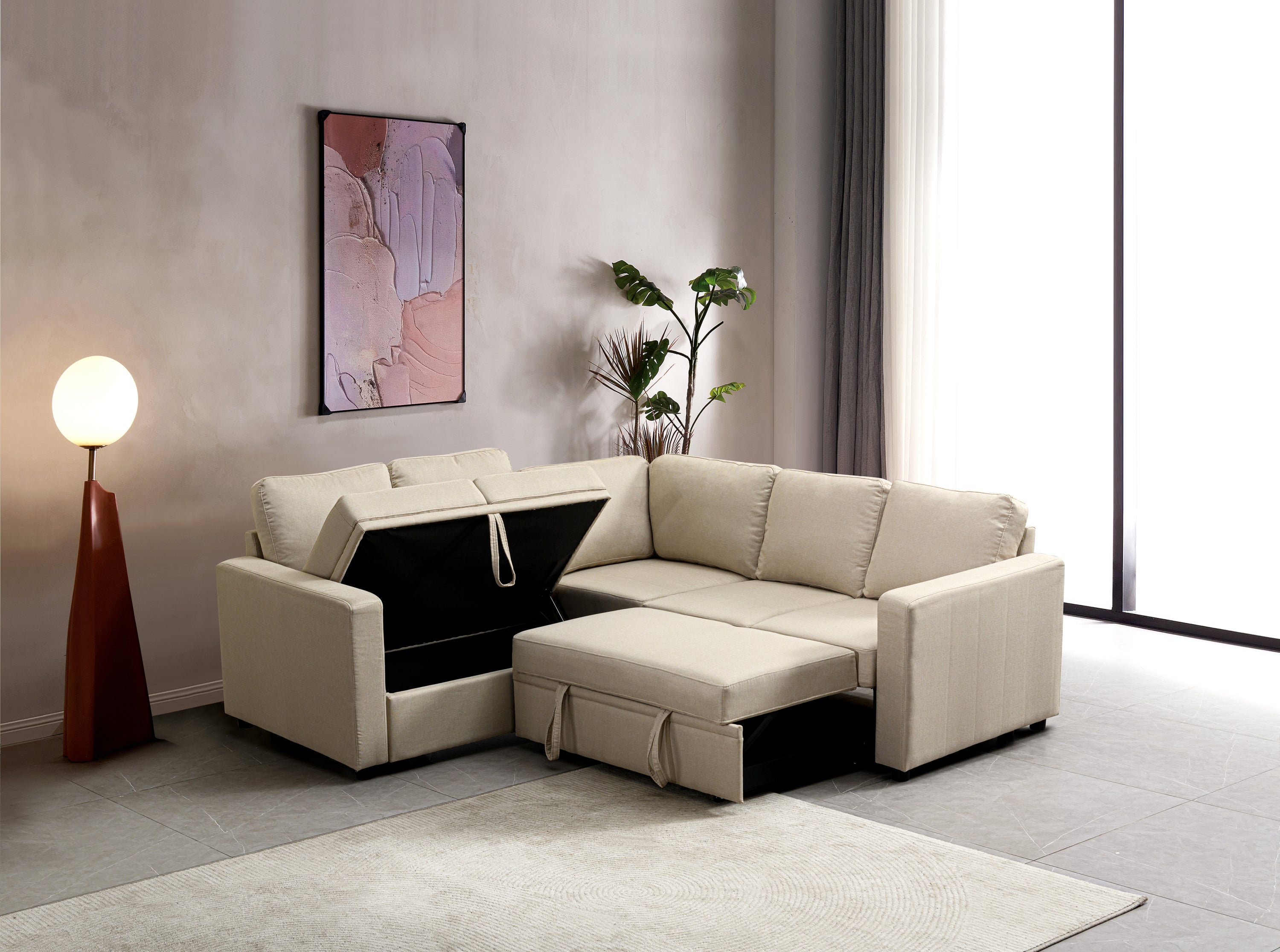 Beige Sectional Sofa Bed - Modern & Versatile Living Room