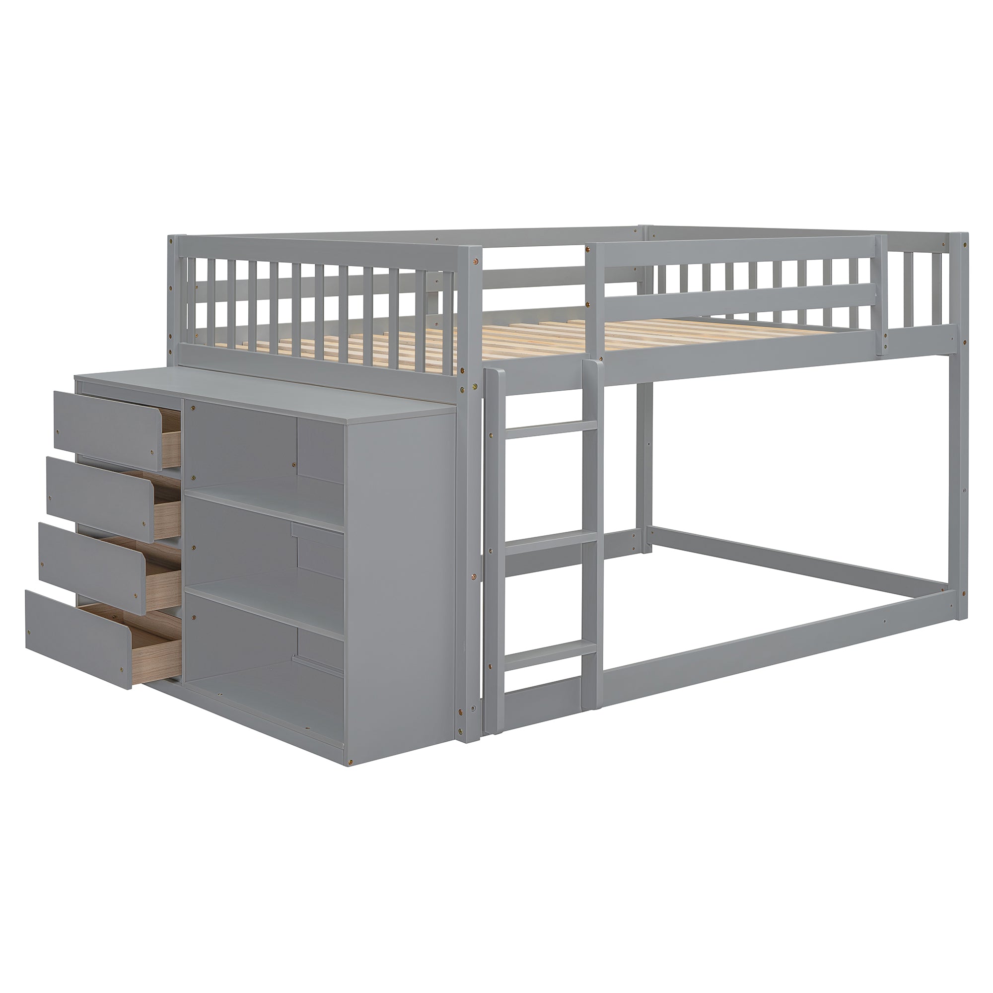 Gray Full Over Full Bunk Bed with Drawers & Shelves - Stylish Wood