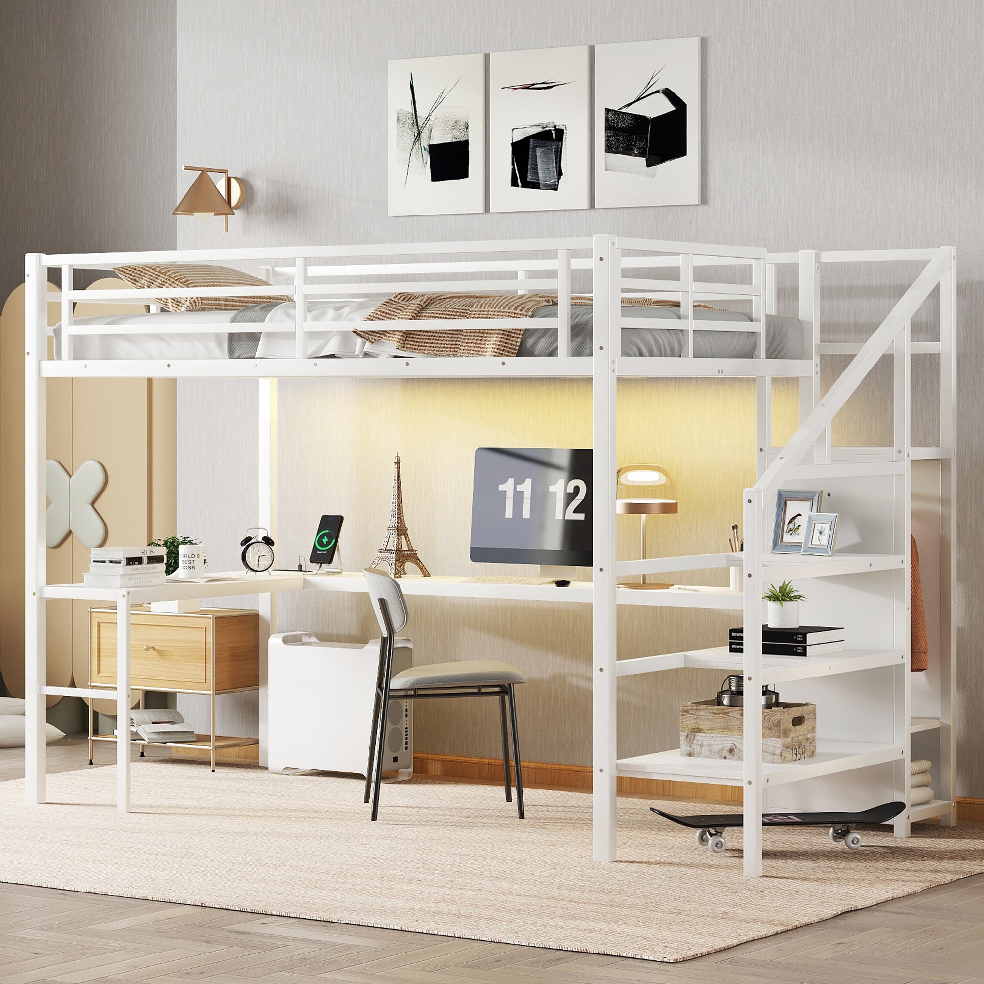 Twin XL Loft Bed w/Desk, Wardrobe, USB, LED - White Metal