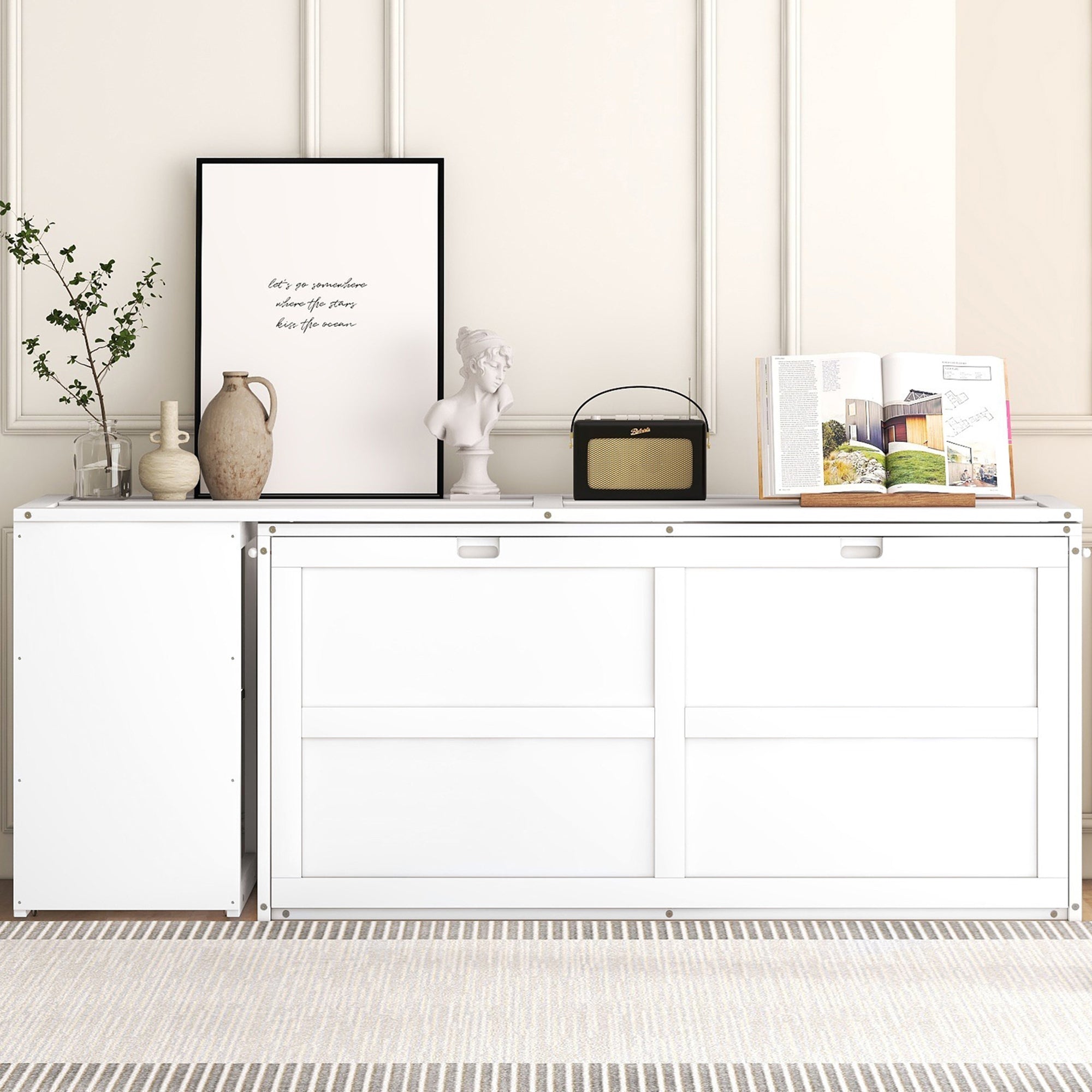 White Queen Size Murphy Bed with Rotating Desk | Space-Saving Solution