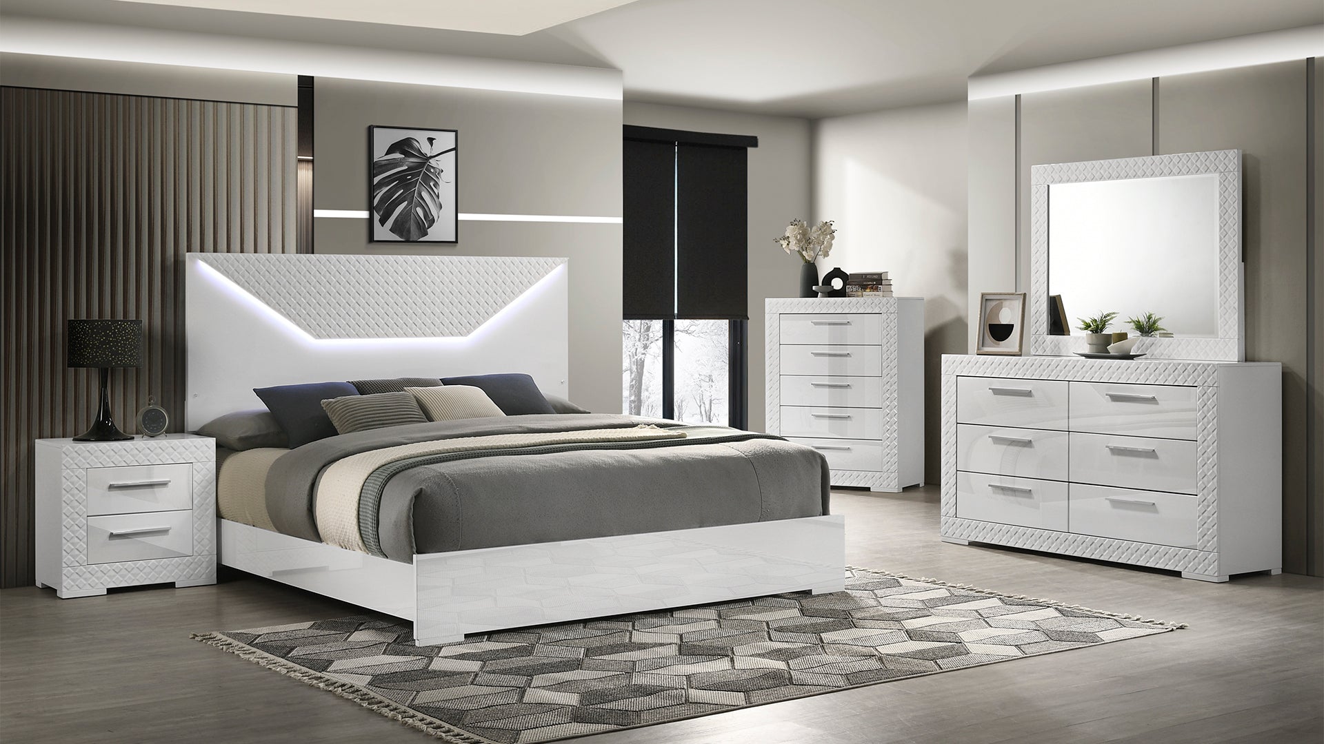 Blanca Modern 5Pc Queen Bedroom Set | LED Headboard | White Wood