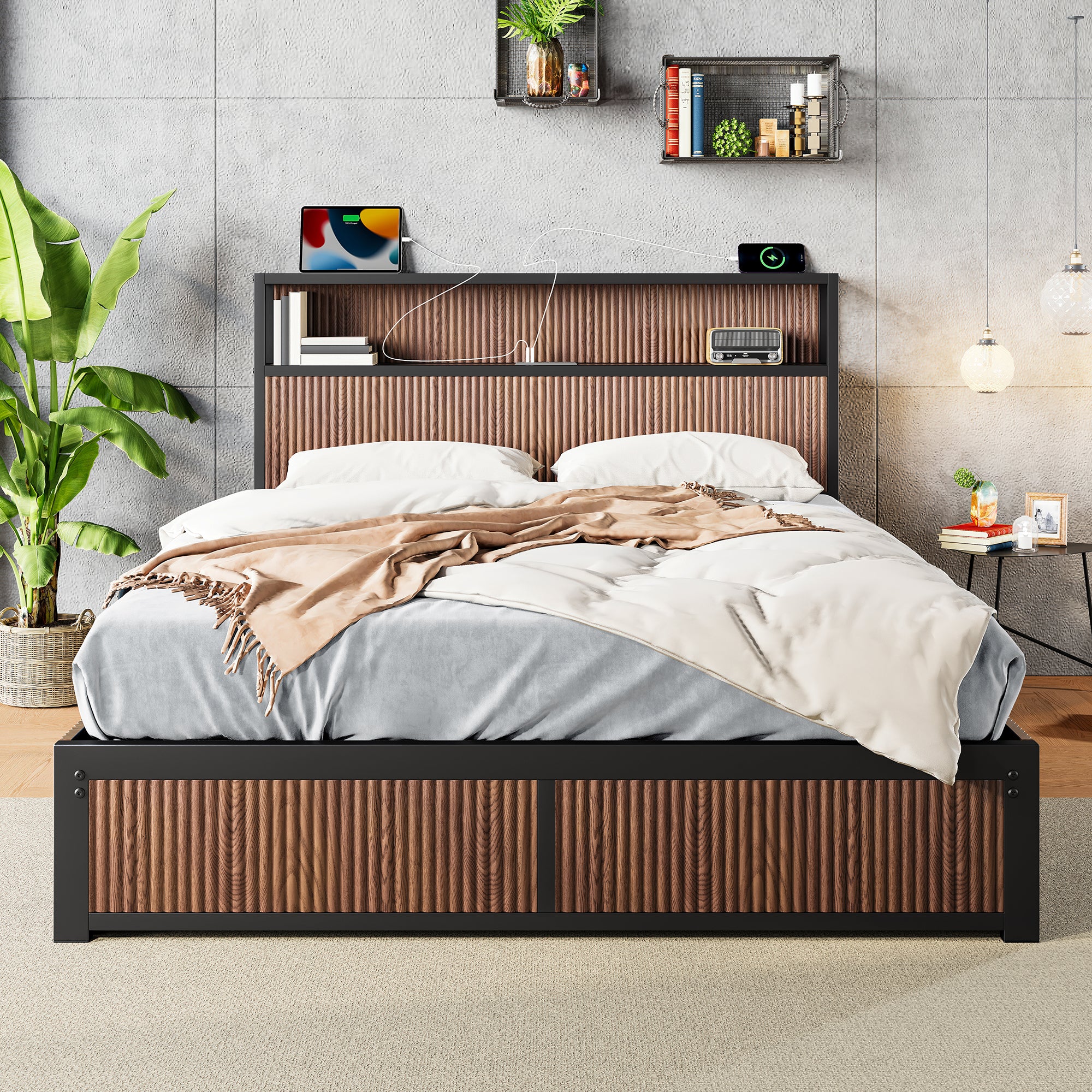 Queen Platform Storage Bed: Wood, Drawers, Power Outlet, Brown
