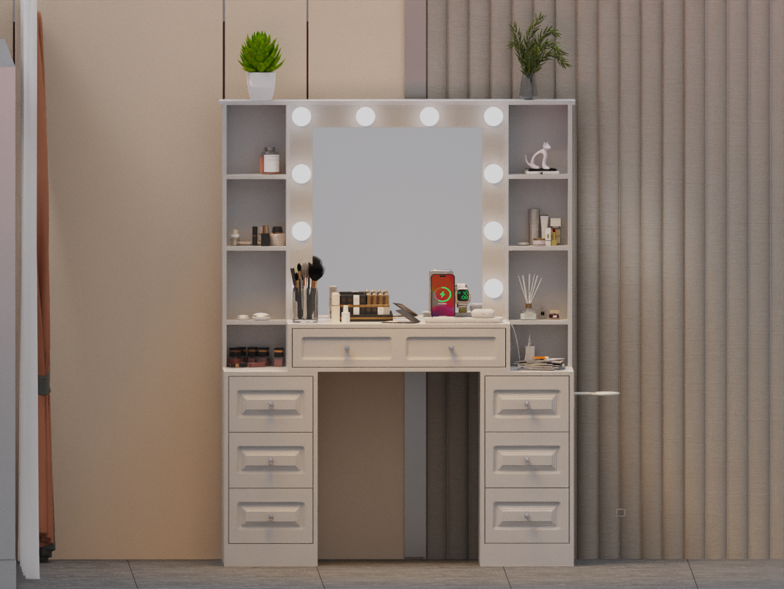 Vanity Desk with Lighted Mirror & Charging Station - Makeup Table
