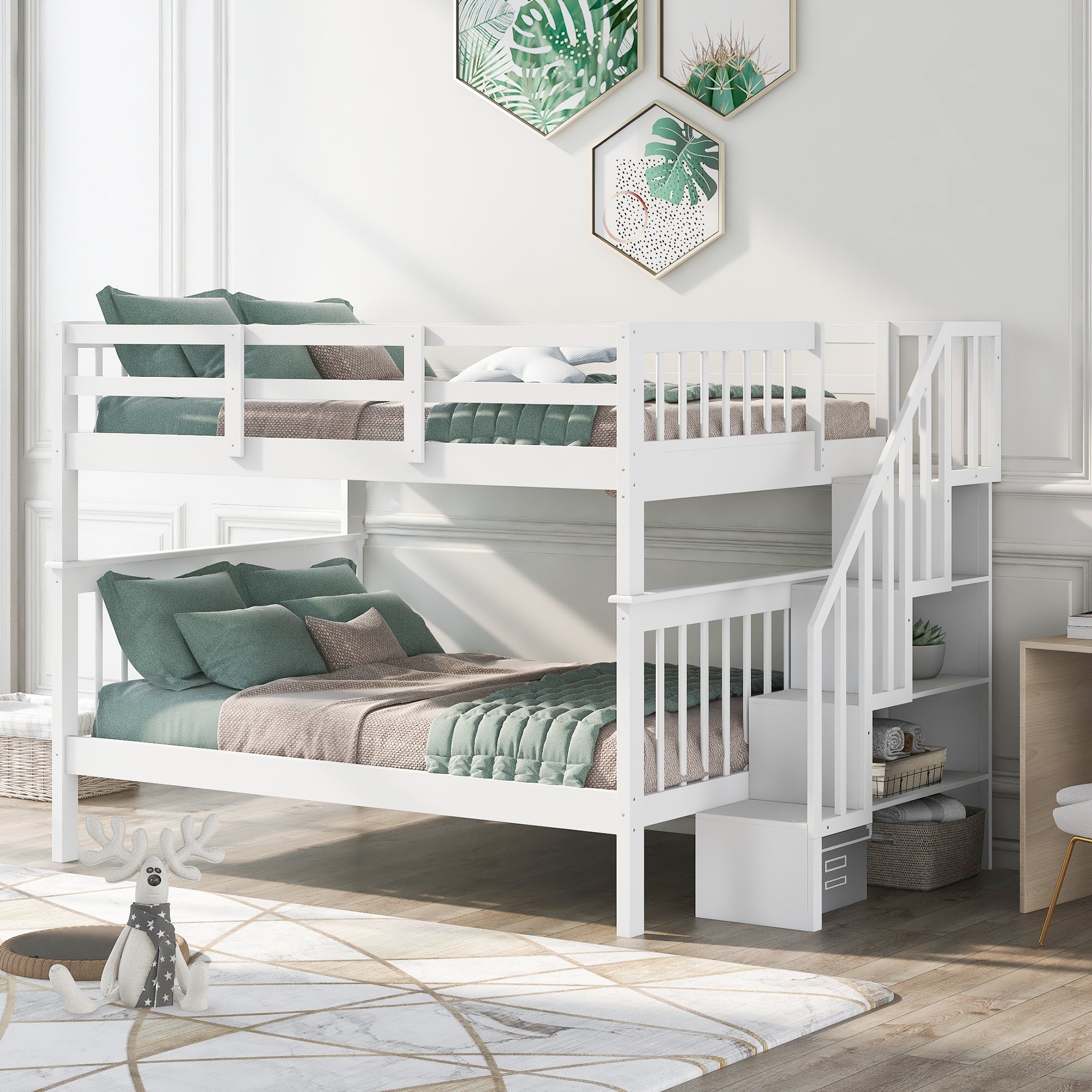 White Stairway Full-Over-Full Bunk Bed w/ Storage & Guard Rail