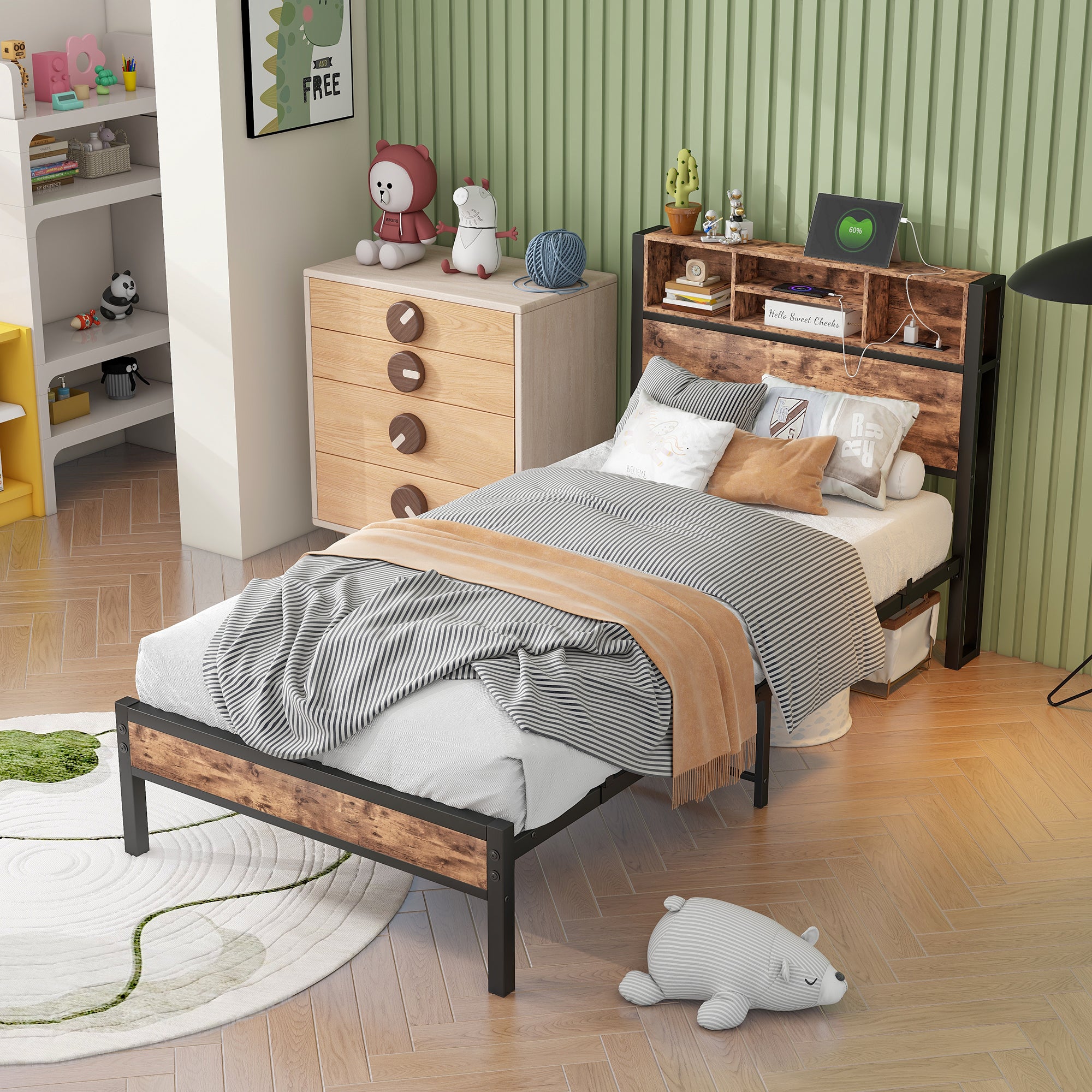 Twin Bed Frame: Metal Platform, Storage Headboard, Charging Station