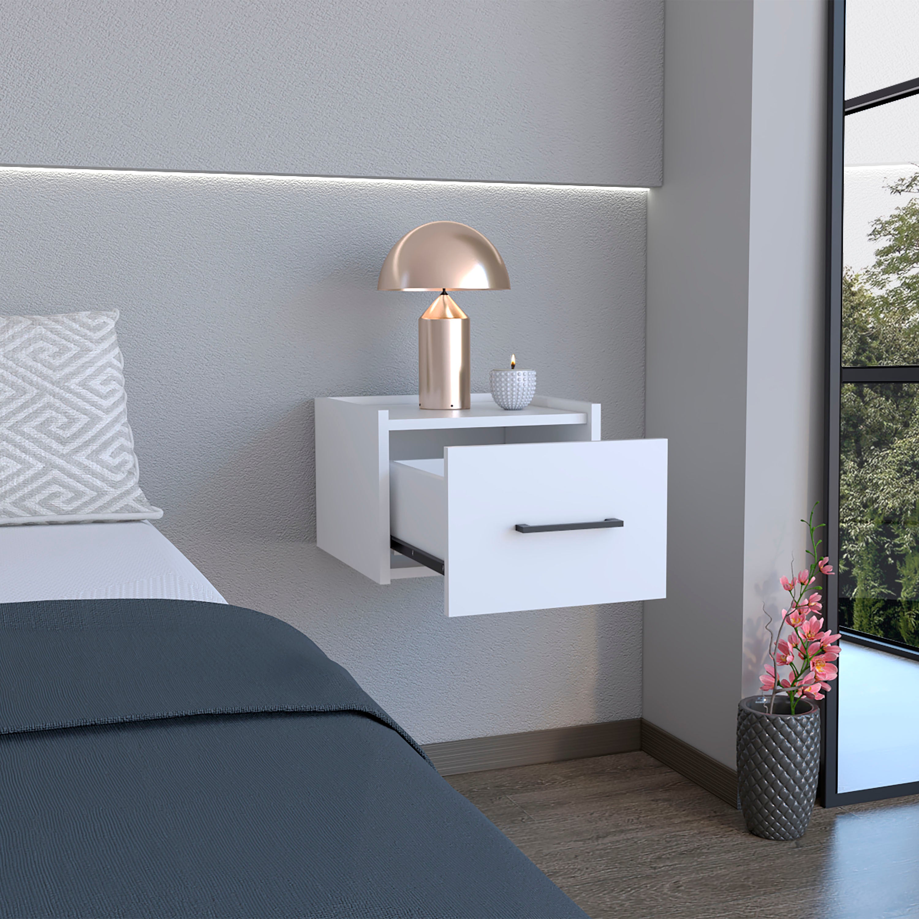 White Floating Nightstand with Drawer - Space-Saving Bedroom Shelf