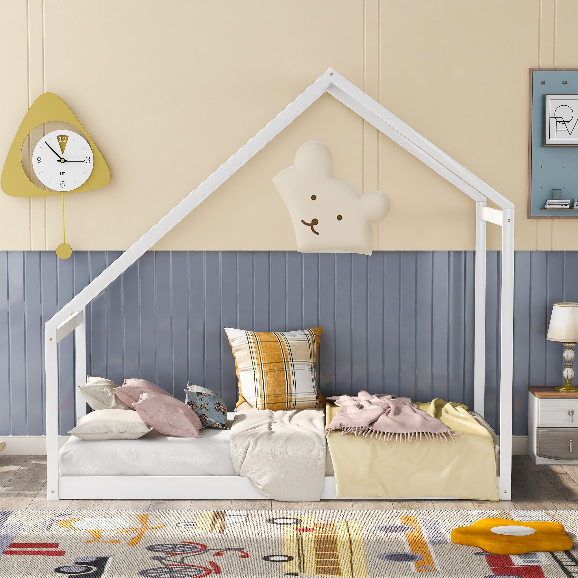 White Twin Size Wooden House Bed Frame for Kids