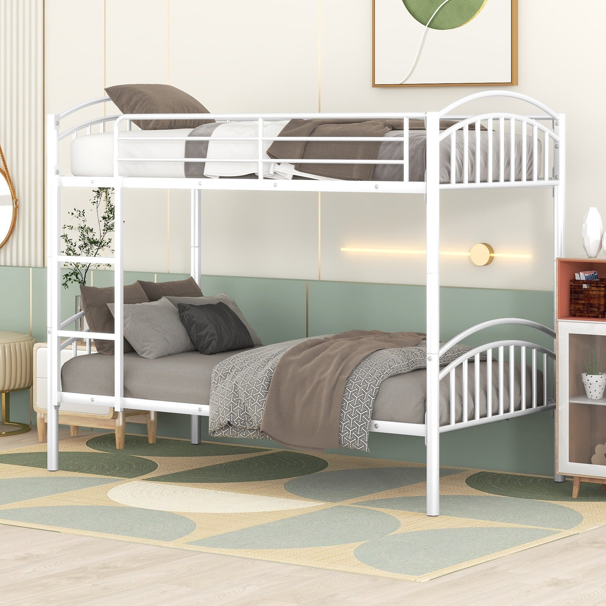 Twin Over Twin Metal Bunk Bed, White, Converts to 2 Beds