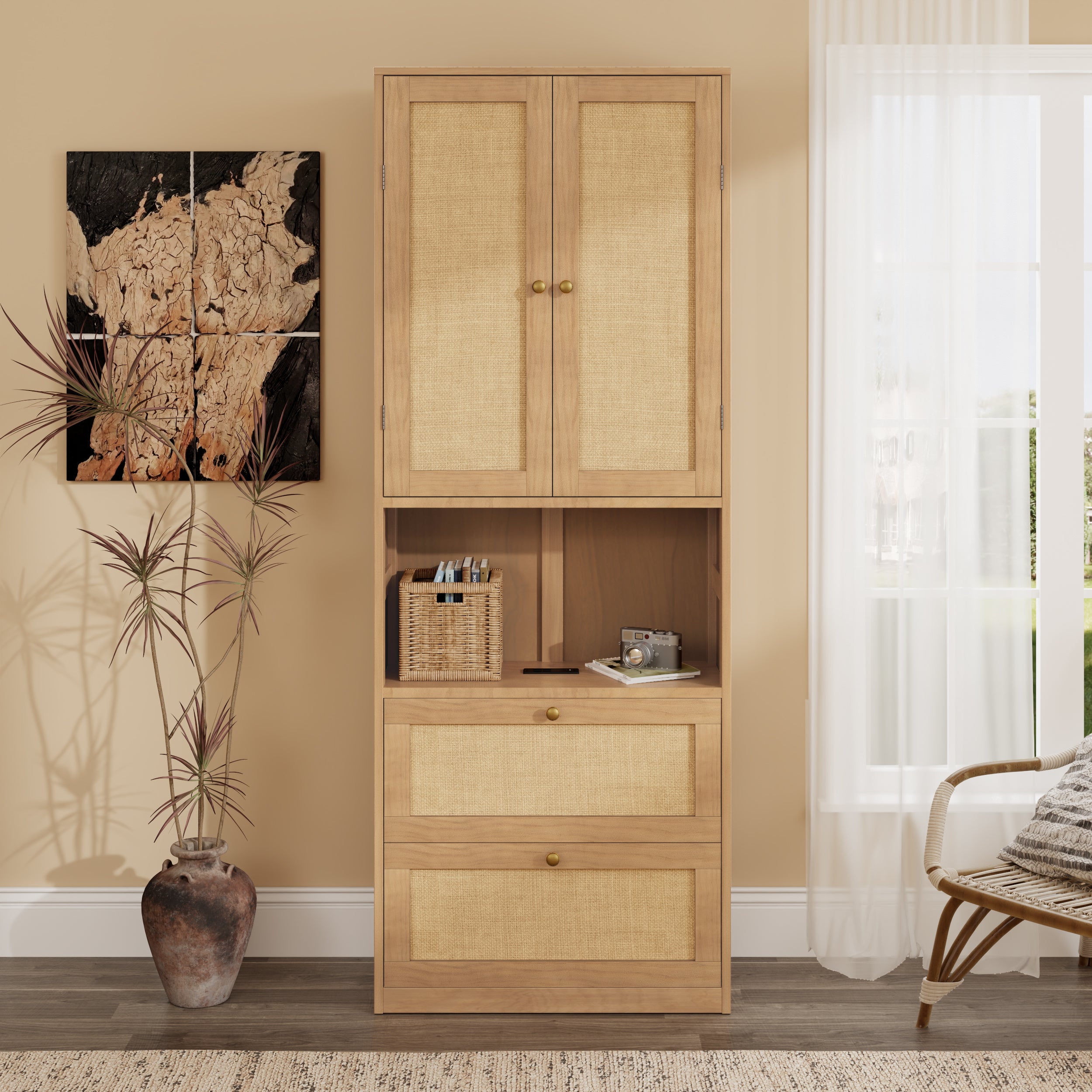 Natural 2-Door Bookshelf, USB Port & 3-Drawer Cabinet