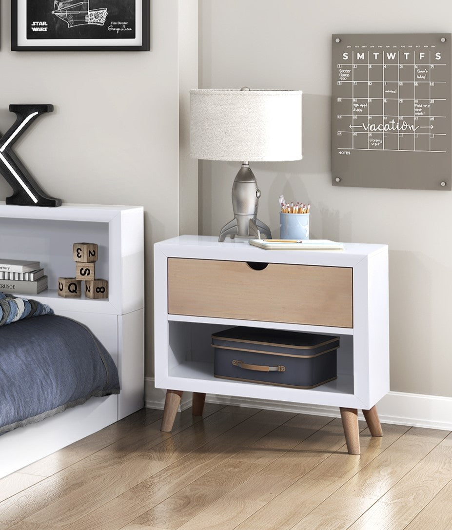 White & Natural Nightstand: Drawer & Open Shelf Bedroom Furniture