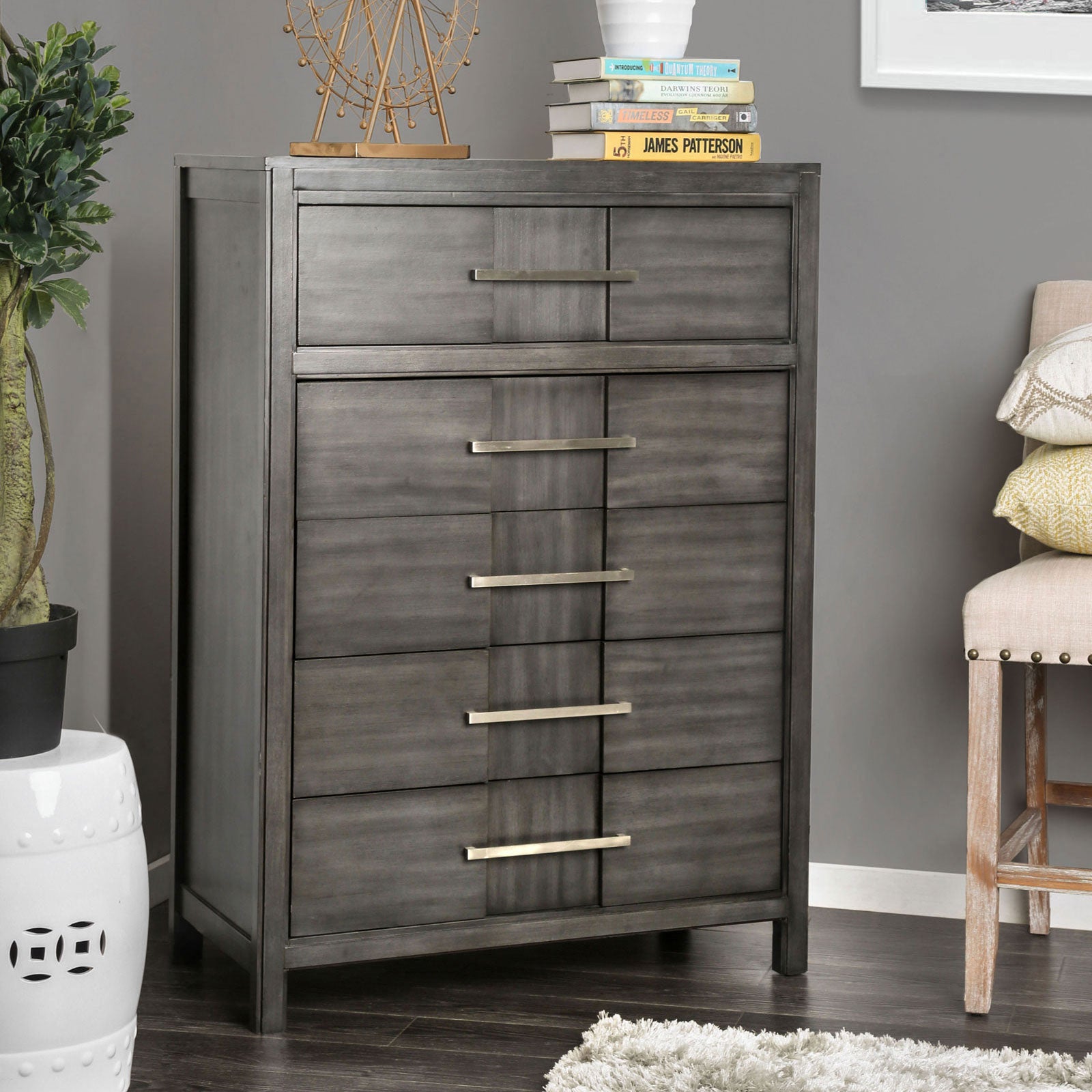 Transitional Gray Chest 5 Drawers Dovetail Ball Bearing