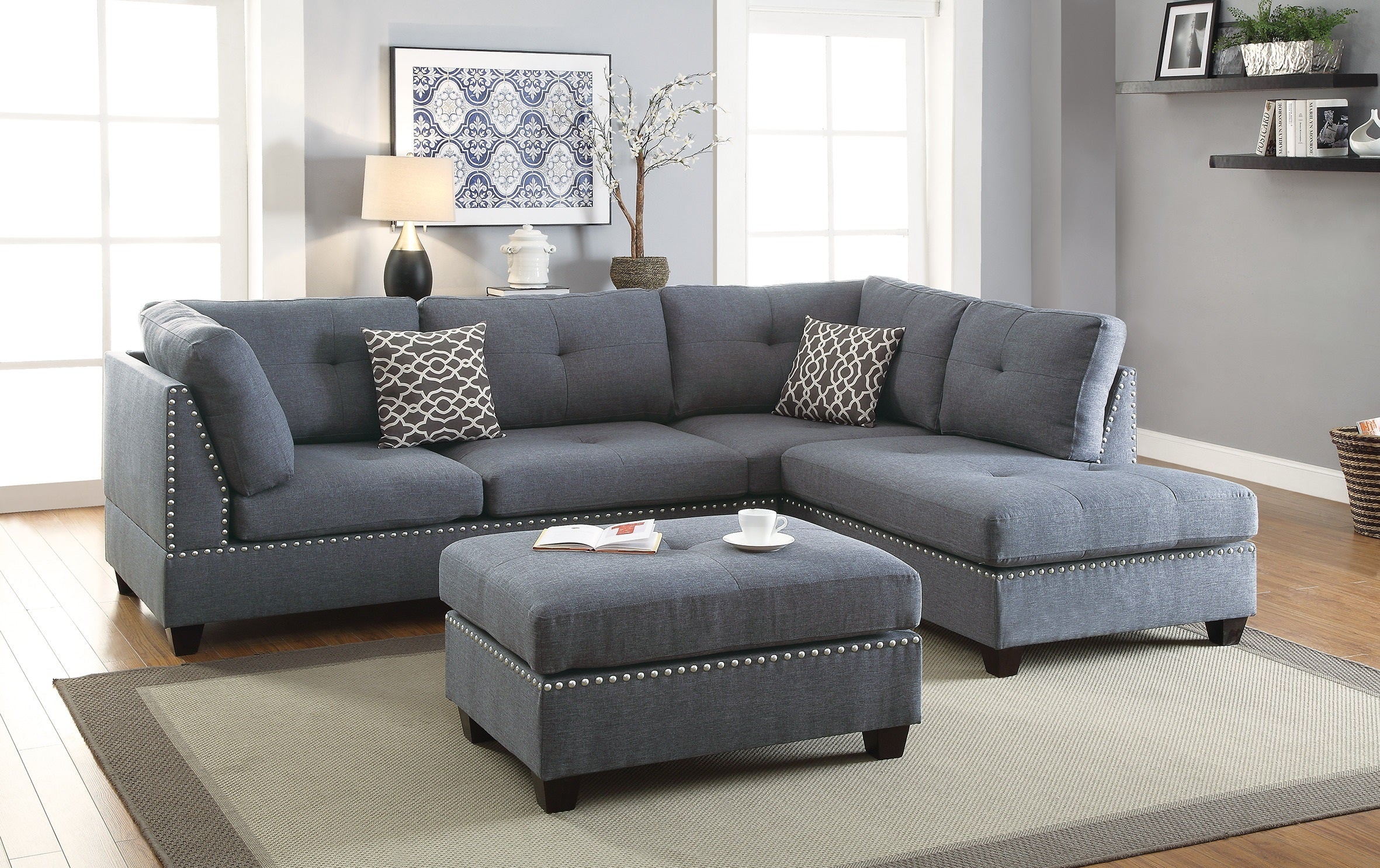 Blue Grey Reversible 3-Pc Sectional Sofa Chaise Ottoman