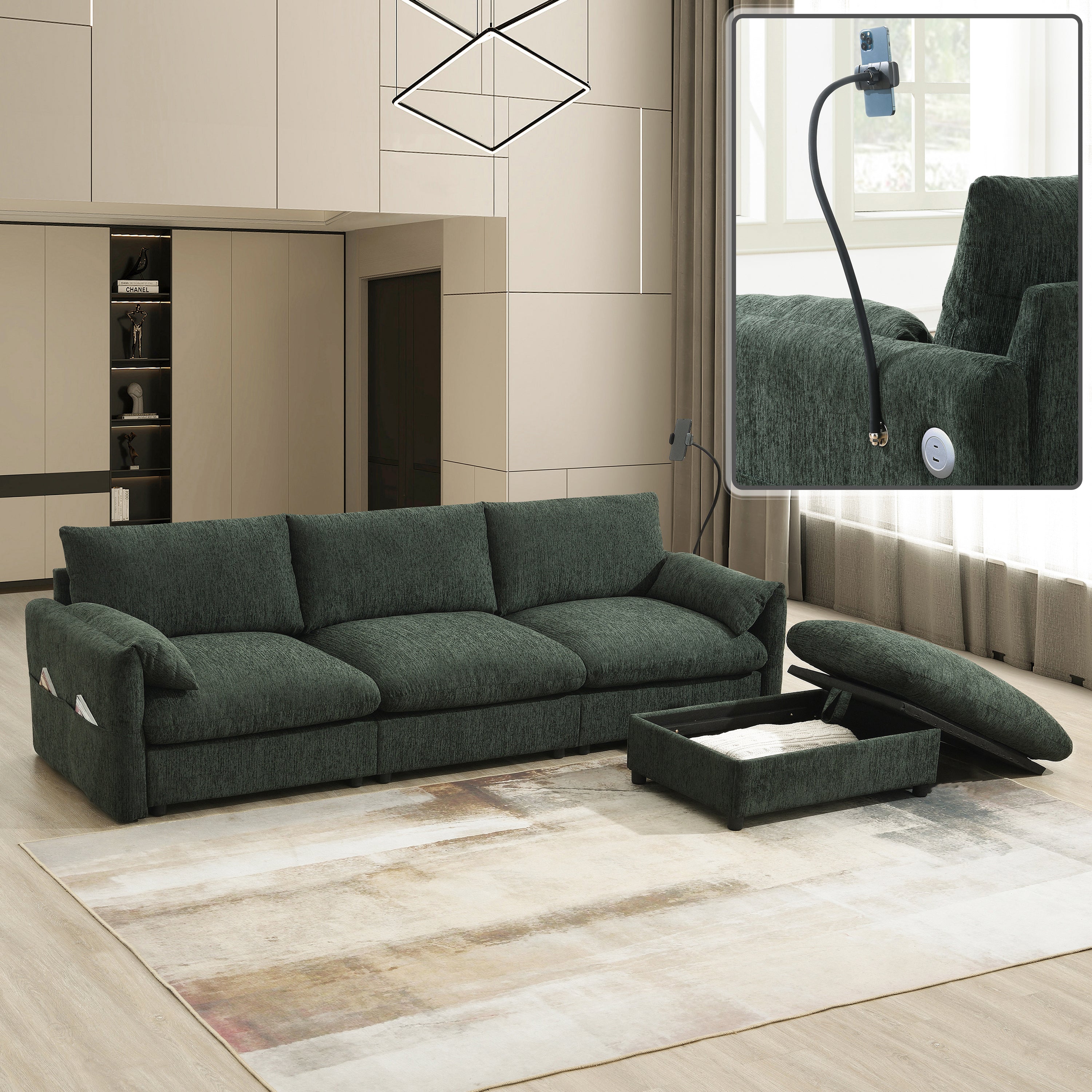 L-Shaped Sectional Sofa w/ Storage Ottoman & USB Charger