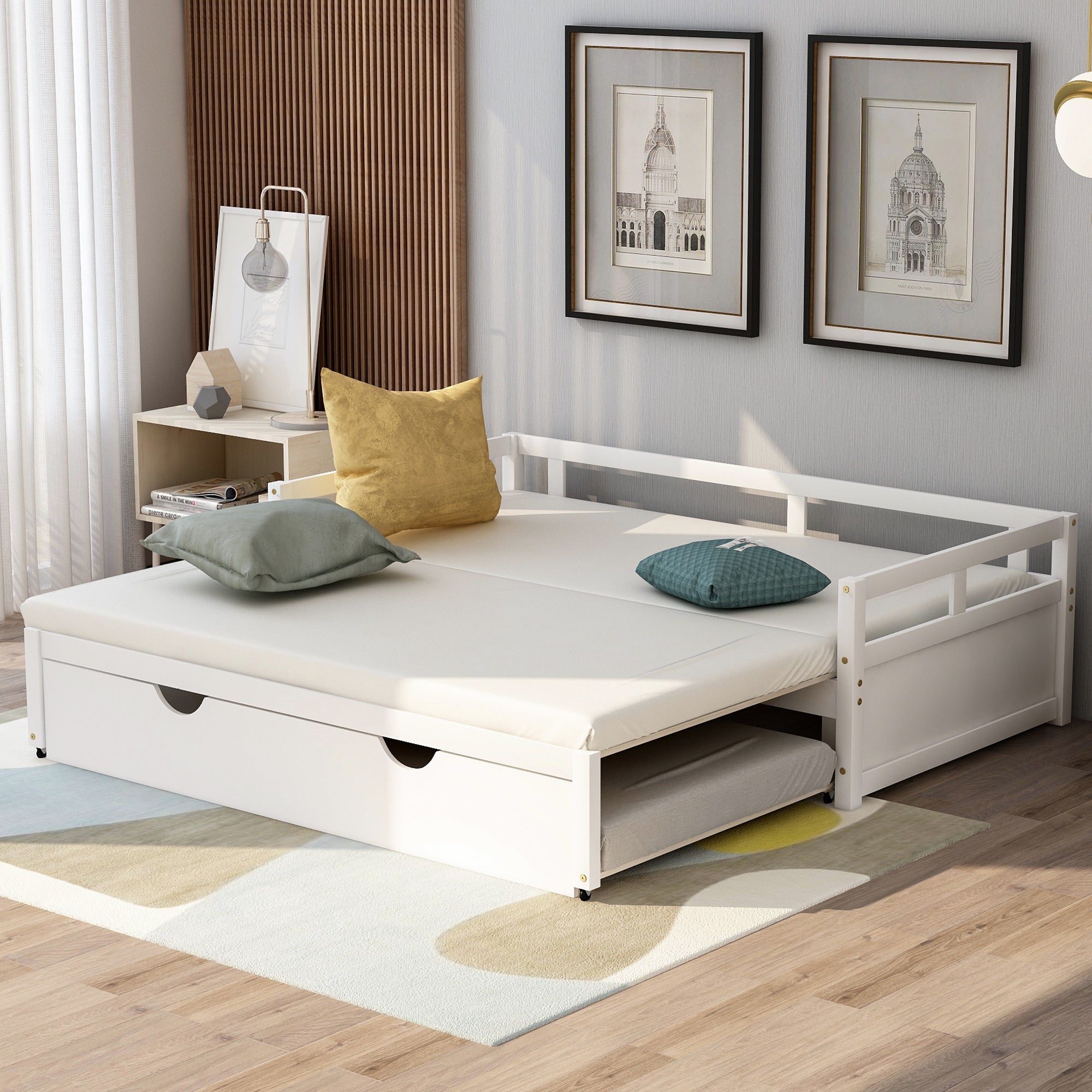 White Wooden Extending Daybed with Trundle