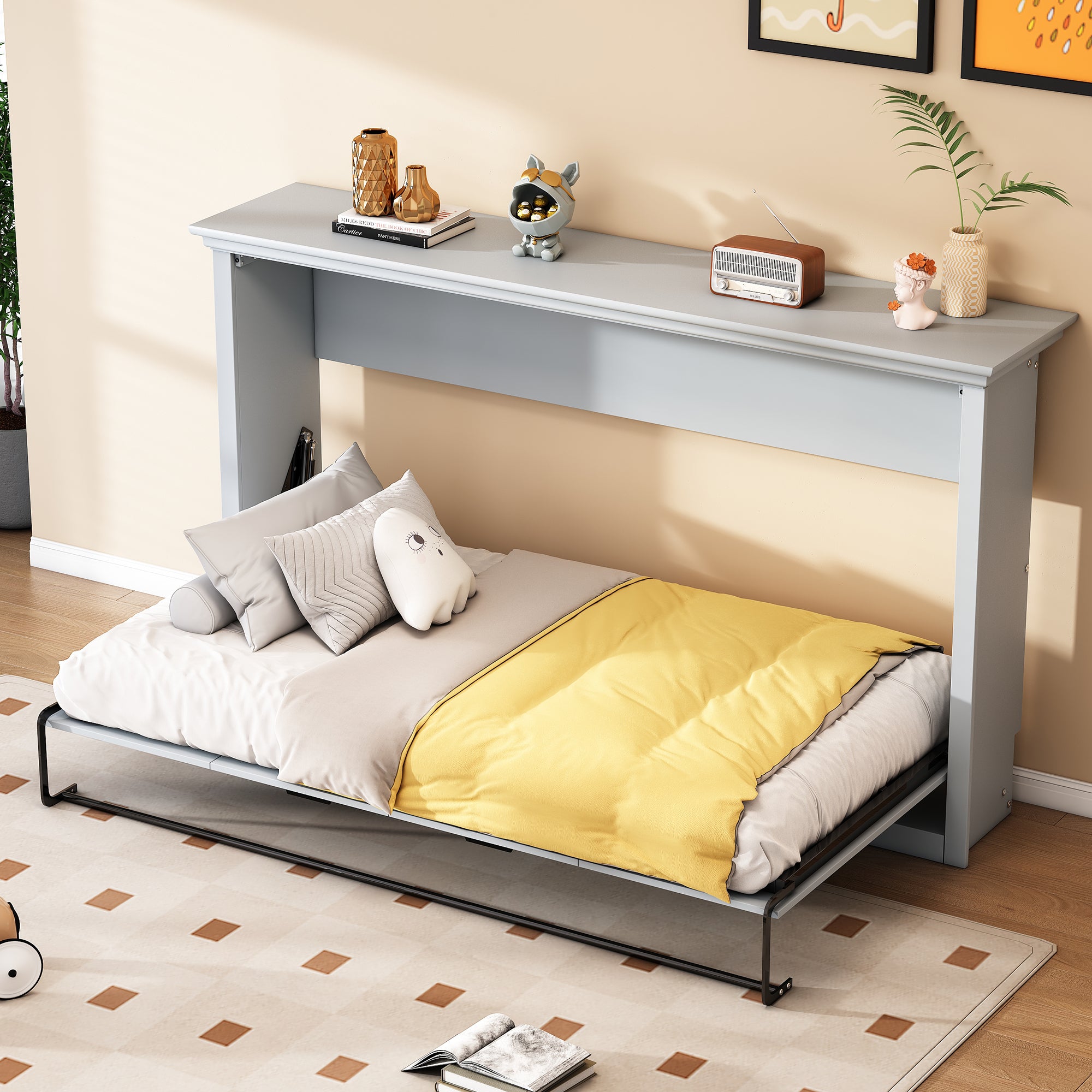 Gray Twin Murphy Bed - Foldable Cabinet Design, Space-Saving Solution