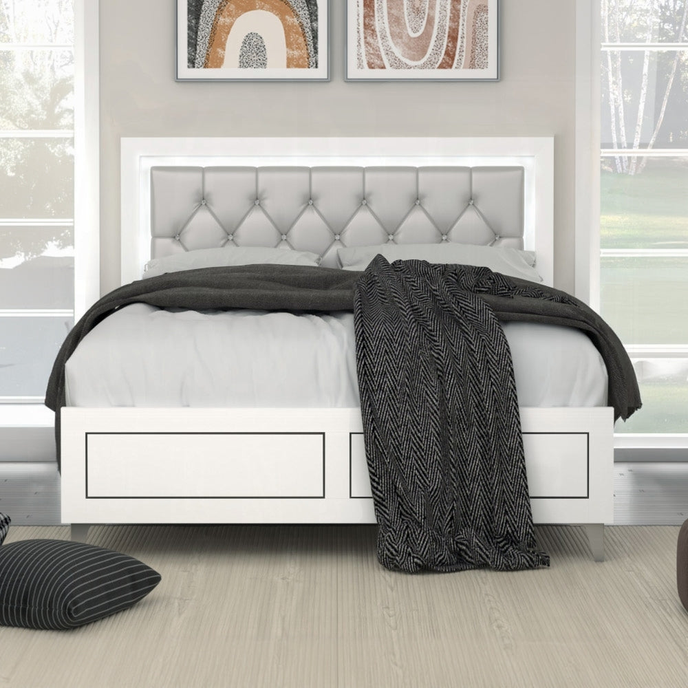 Grey & White Queen Bed | LED Light Padded Headboard