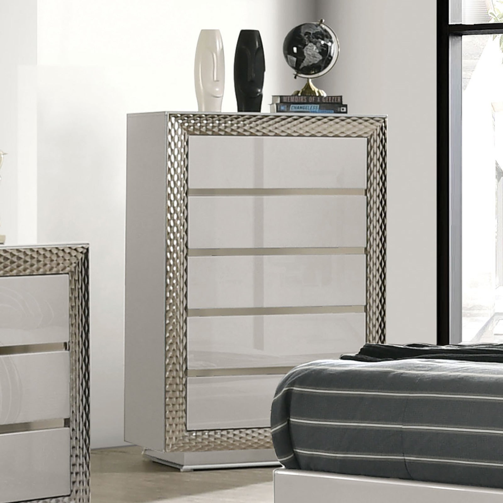 Glam Gray 5-Drawer Chest with Silver Molding & Glass Shelf
