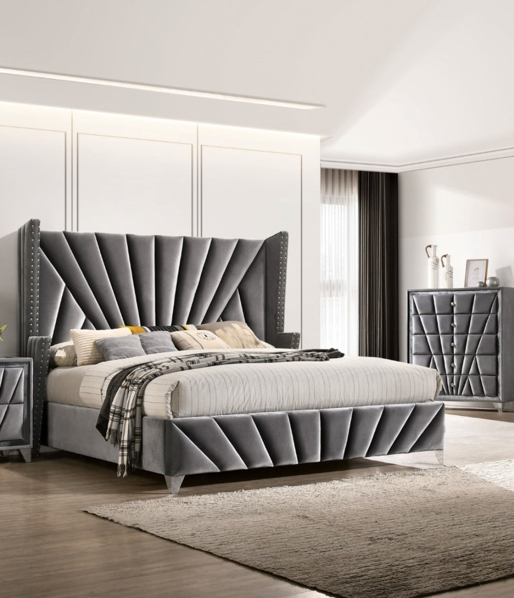 Gray Fabric Eastern King Wingback Bed | Upholstered Bedroom Furniture