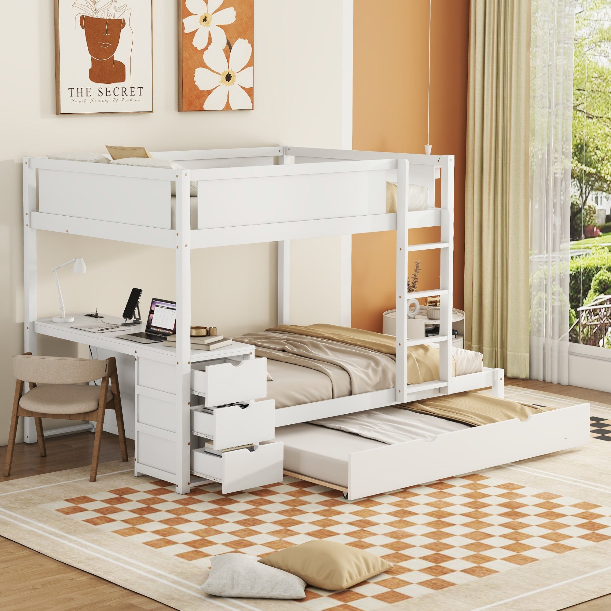 White Full-Over-Full Bunk Bed: Twin Trundle, Storage & Desk