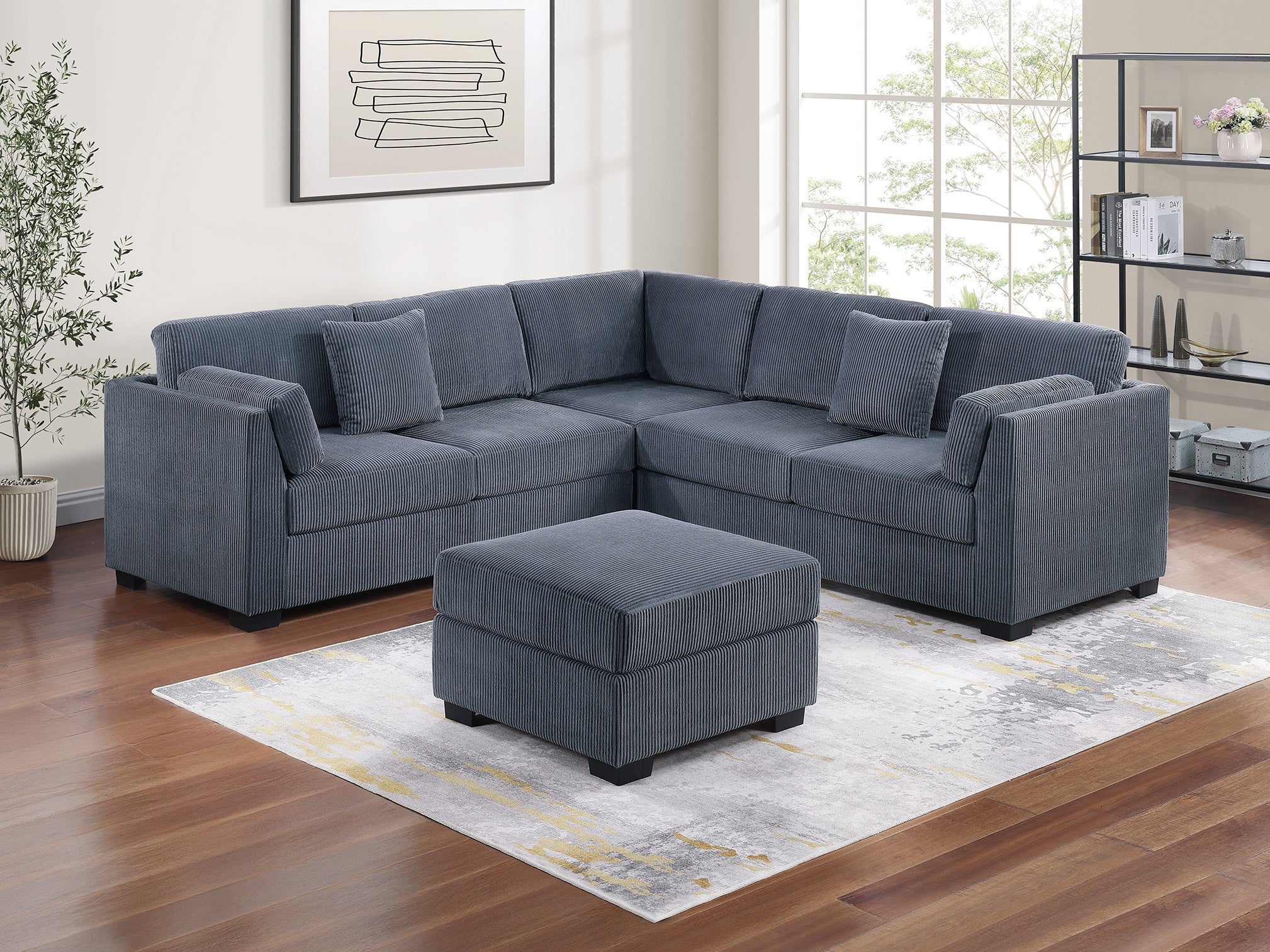 L-Sectional 4pc Sofa Set Dark Gray Corduroy Ottoman