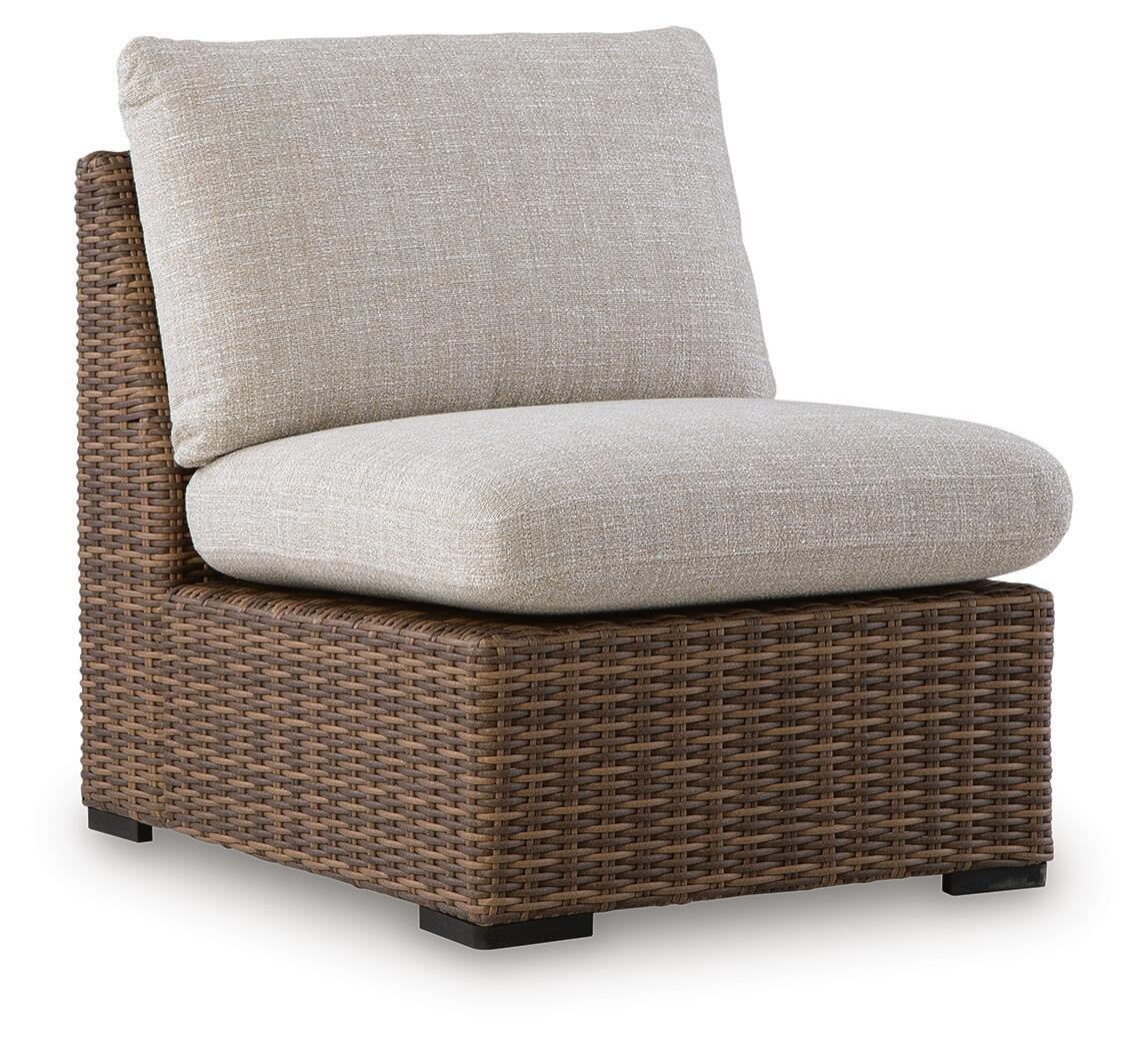 Armless chair with cushion in beige fabric and brown woven wicker base