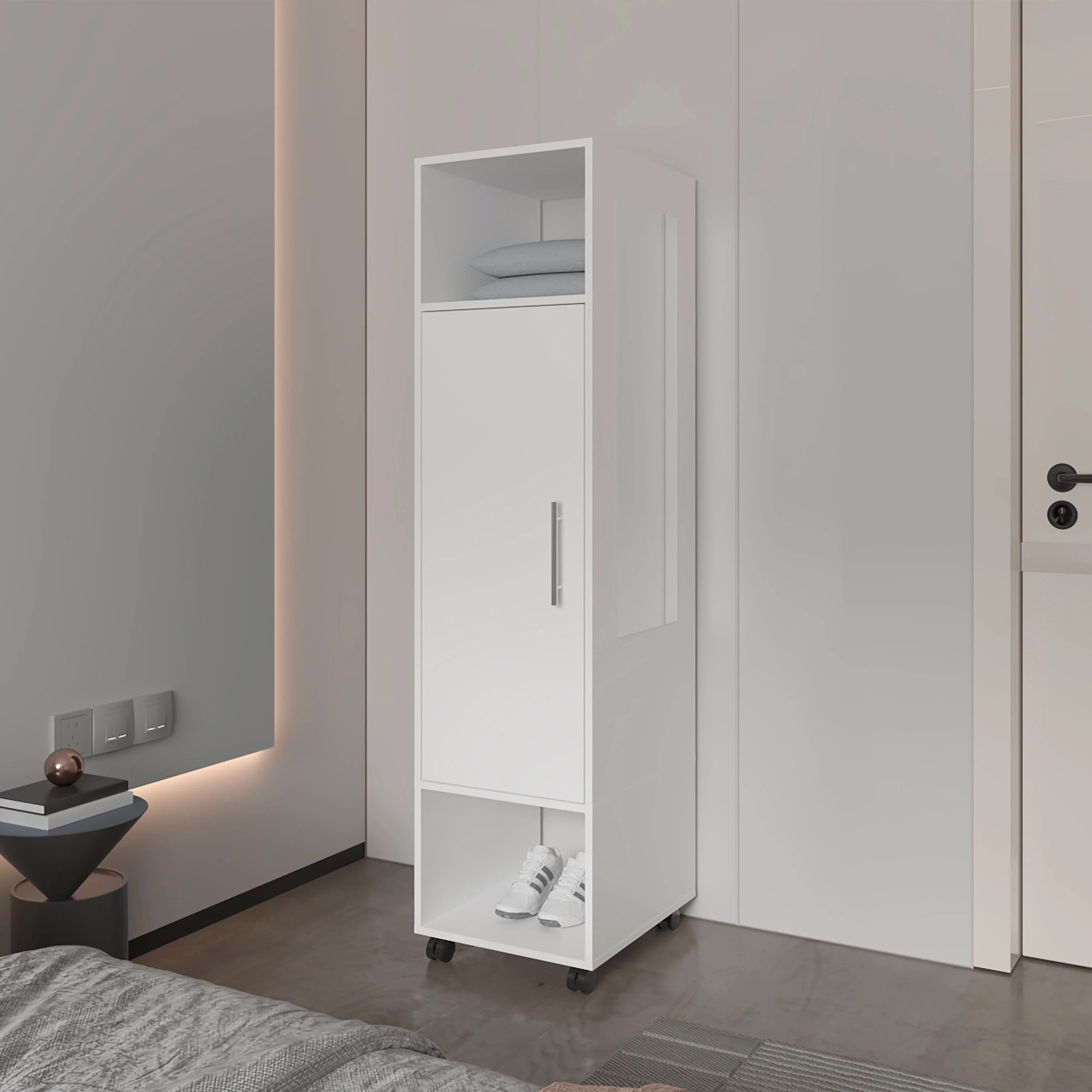 White 1-Door Wardrobe with Mirror & Open Storage