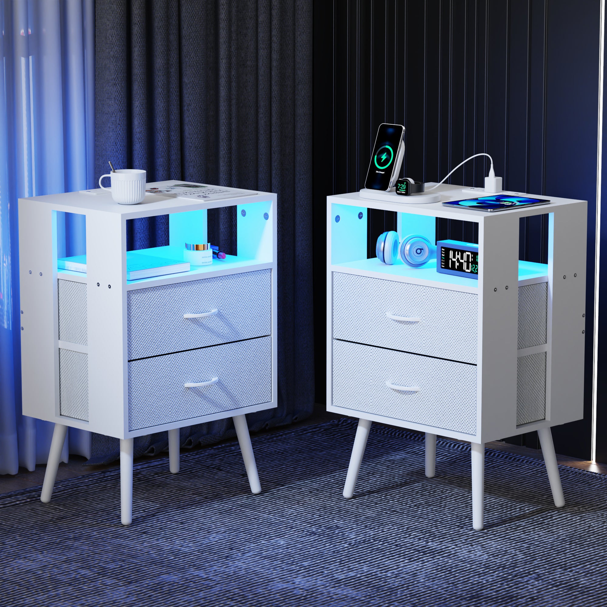 2-Pack Modern Nightstands w/ Charging Station, LED & Fabric Drawers