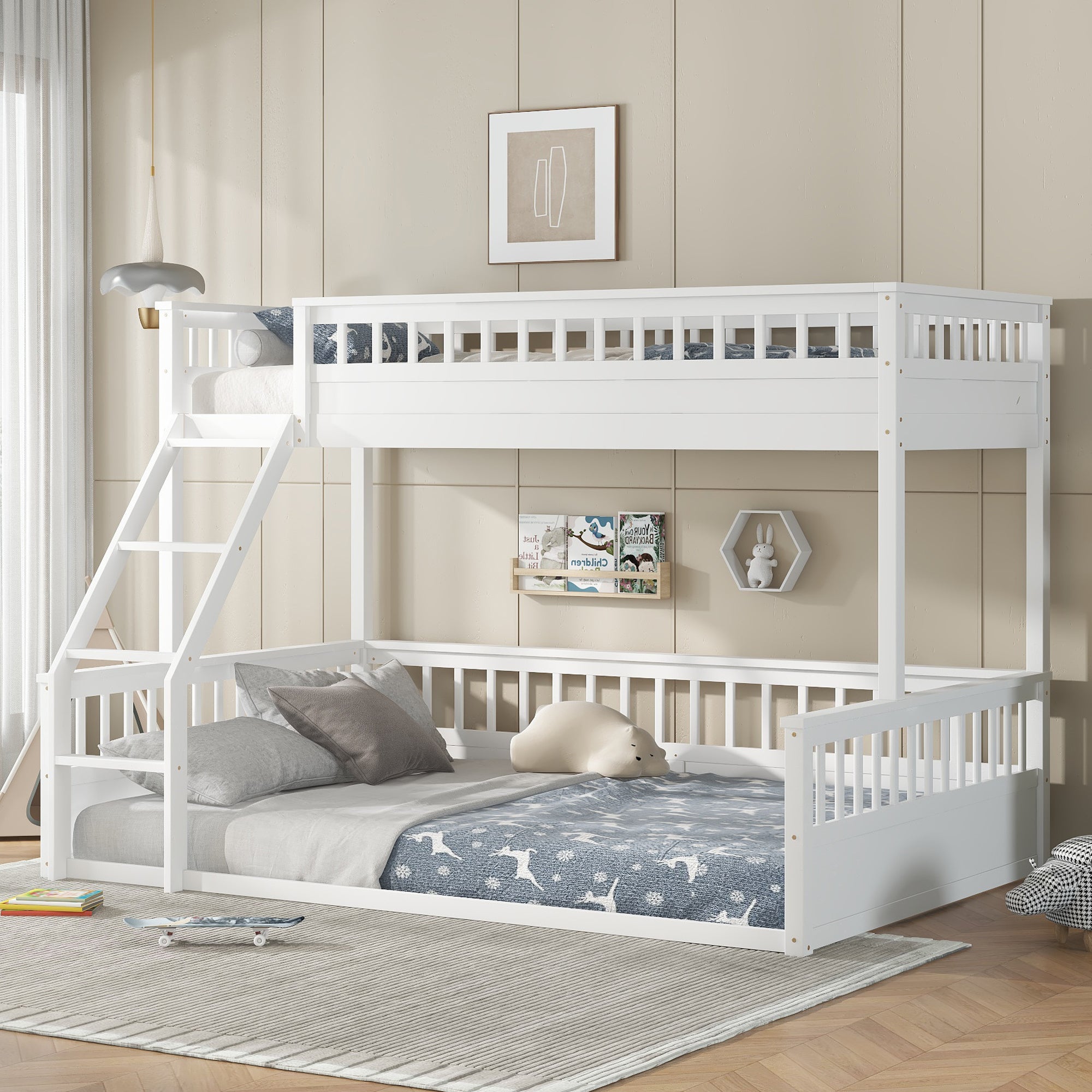 White Twin XL over Queen Bunk Bed with Ladder & Guardrails