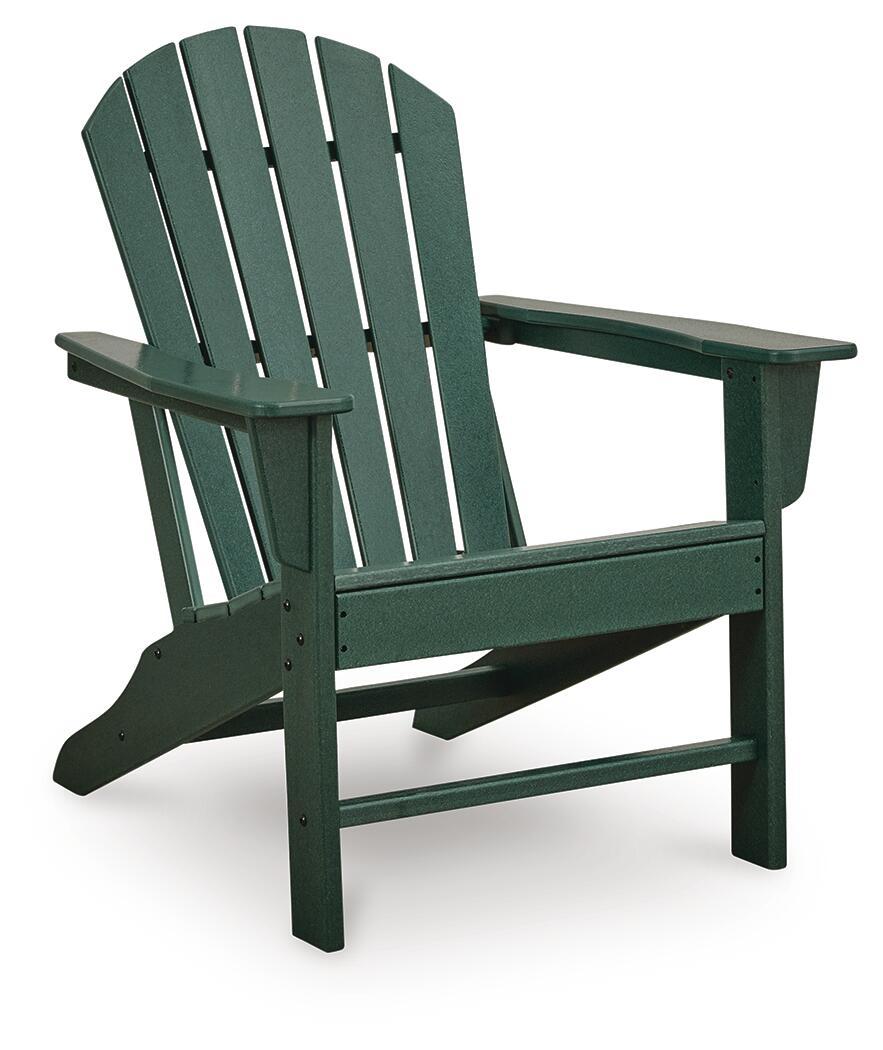 Green Adirondack chair with slatted back and armrests, solid wood frame