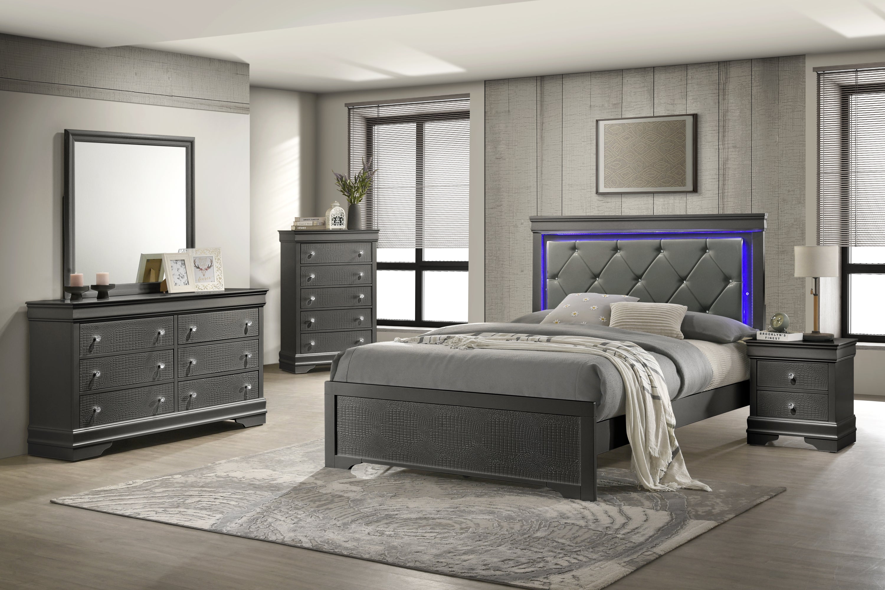 Blaze Modern Upholstered 5 Pc Queen Bedroom Set with LED Headboard