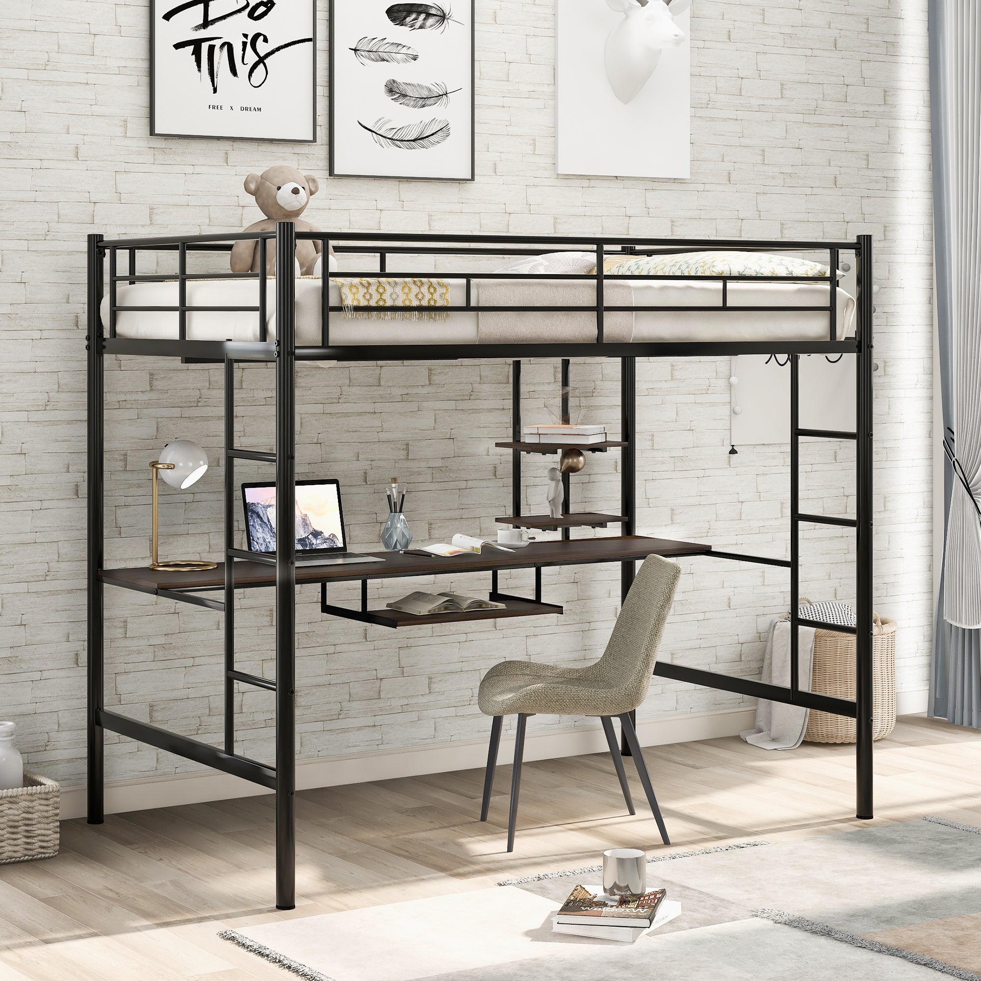 Full Loft Bed: Desk, Shelf & Space-Saving Design - Black