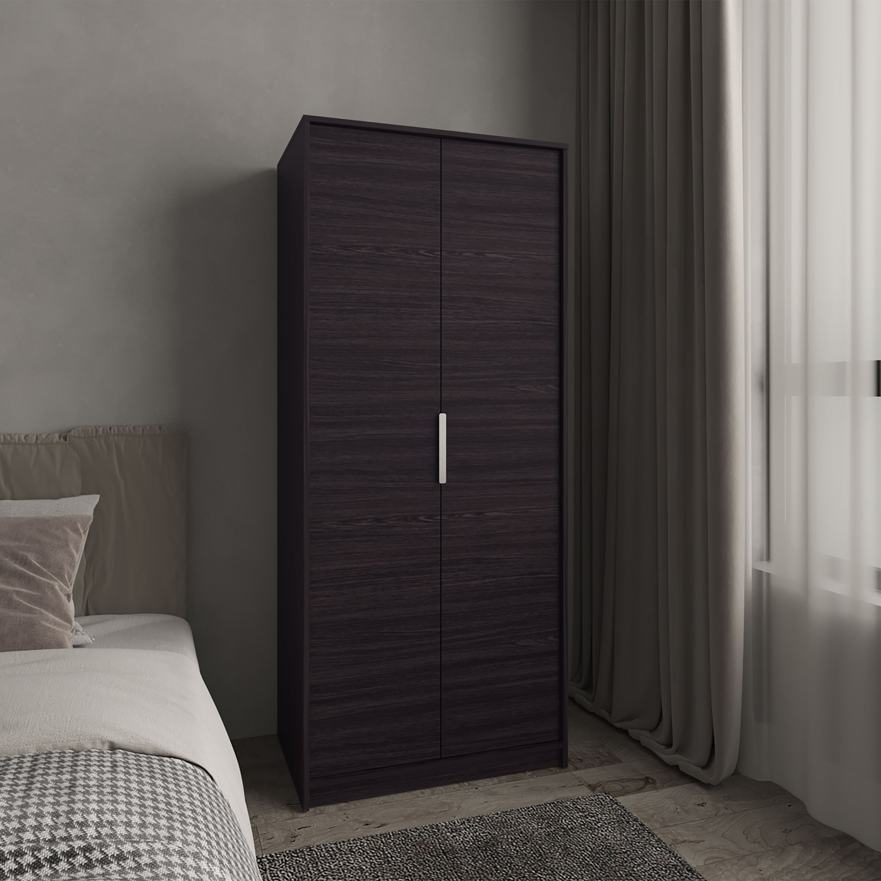 Wenden Black Modern Wardrobe: Double Doors, Rod & Shelves