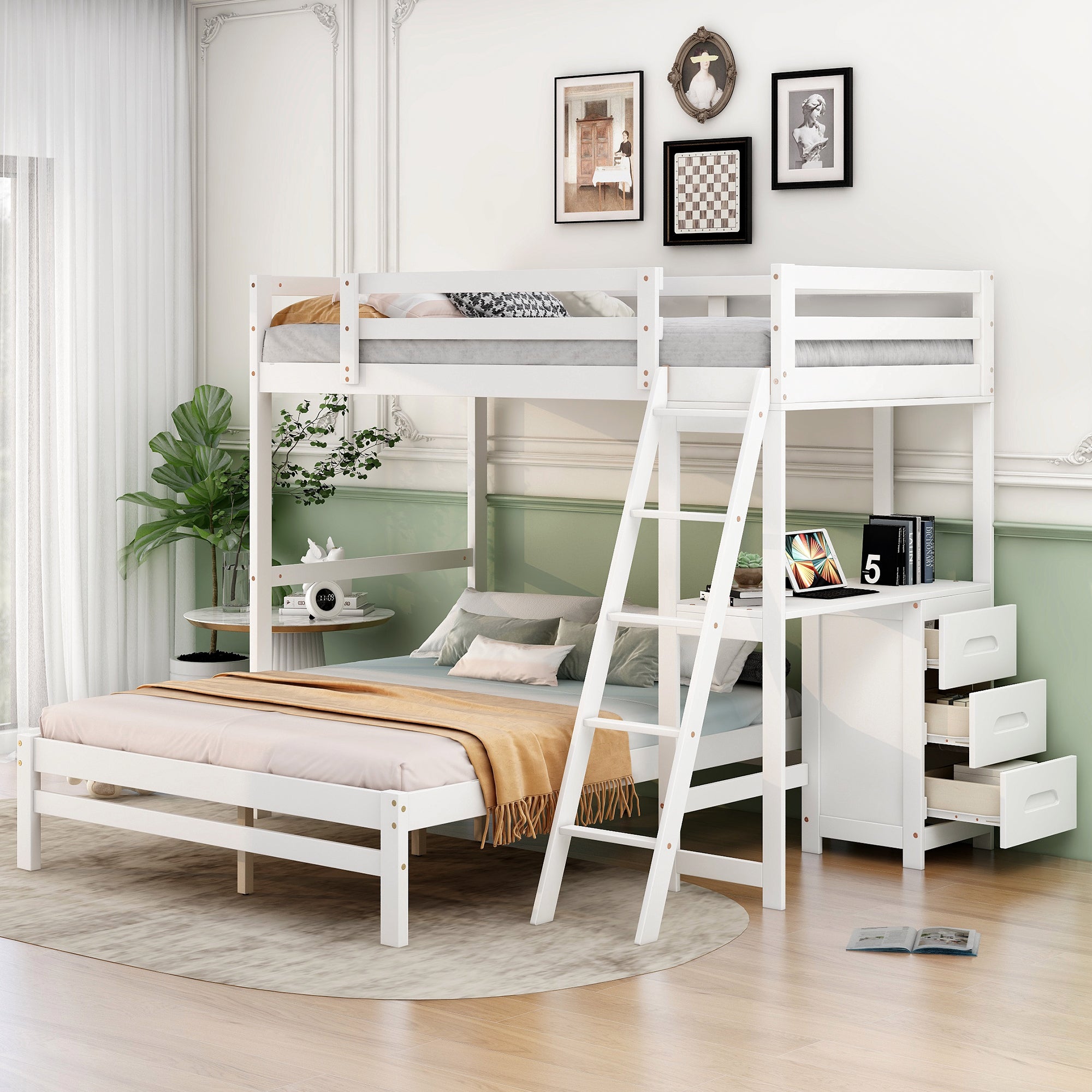 White Twin Over Full Bunk Bed with Desk & 3 Drawers