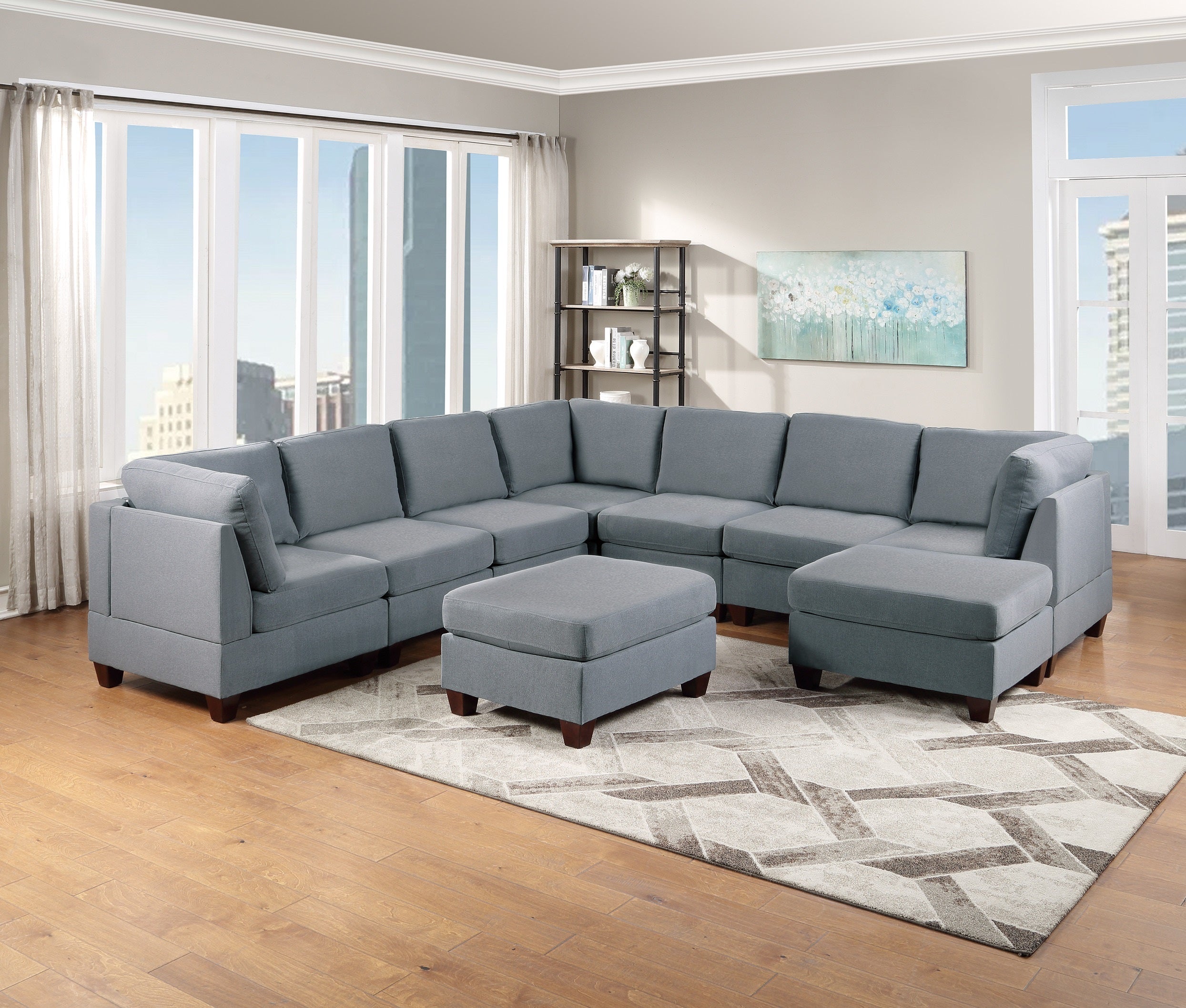 Modular 9pc Grey Linen Sectional Sofa Living Room Couch