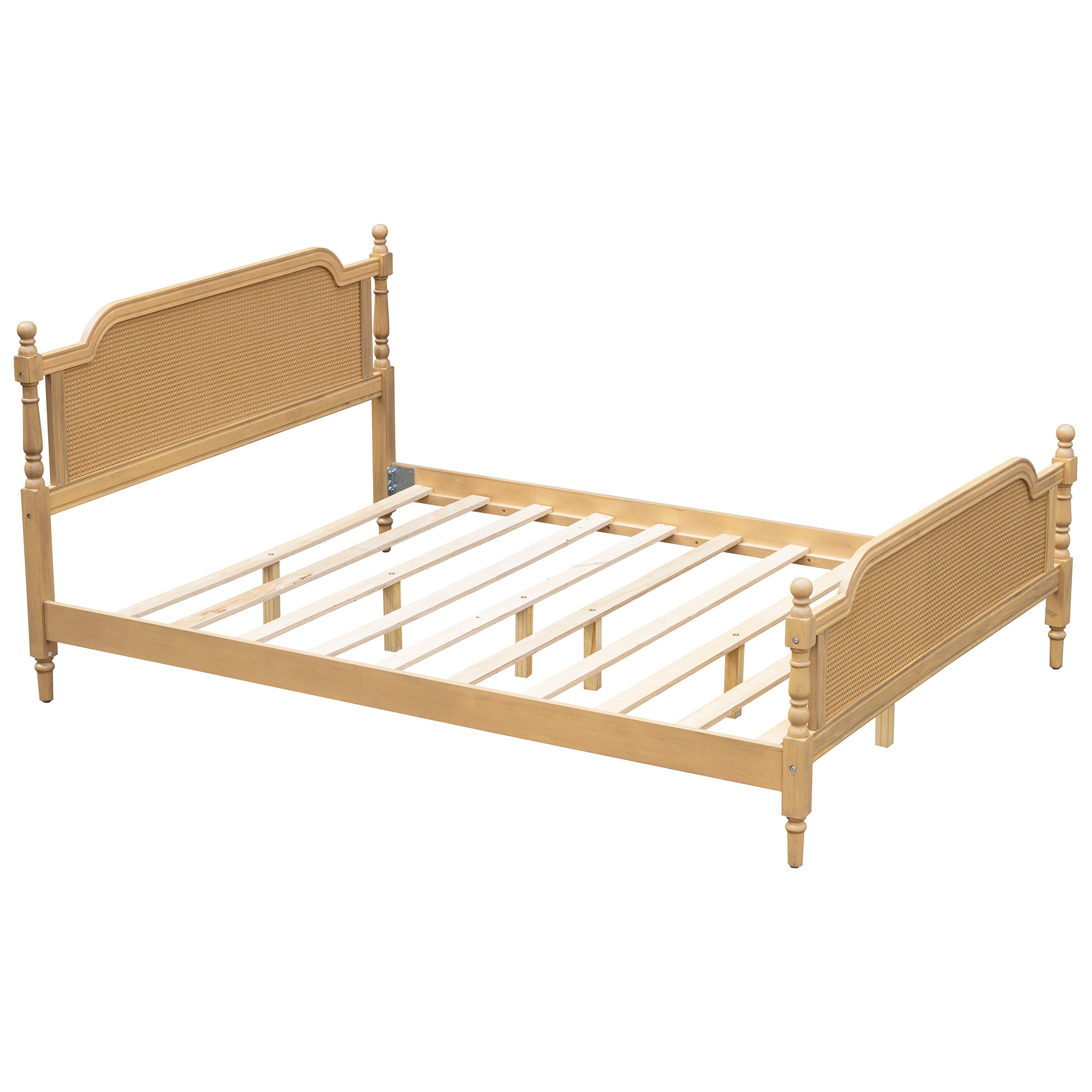 Traditional Rattan Queen Bed Frame - No Box Spring, Antique Walnut Pine