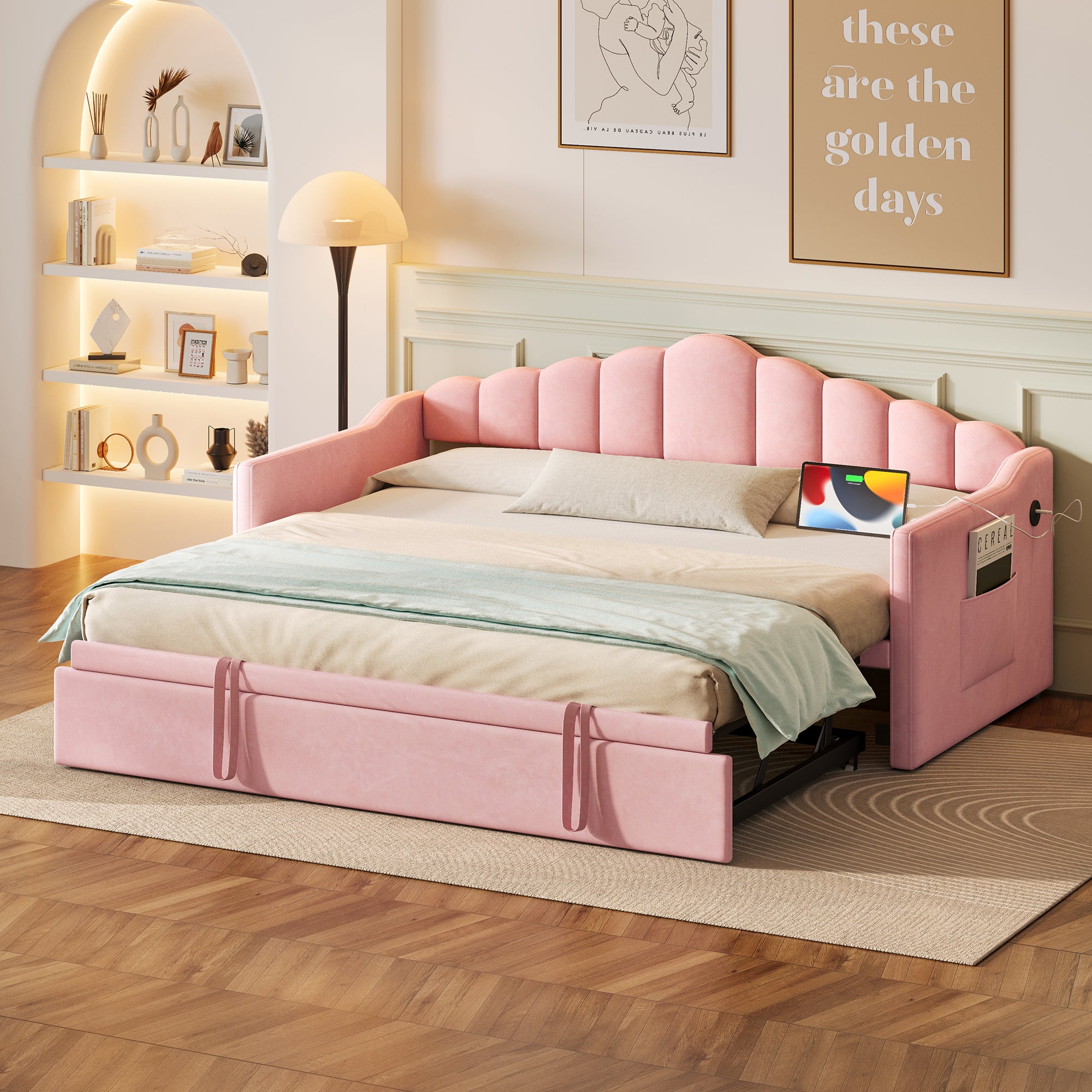 Pink Upholstered Twin Daybed w/ Adjustable Trundle, USB & Type-C Ports