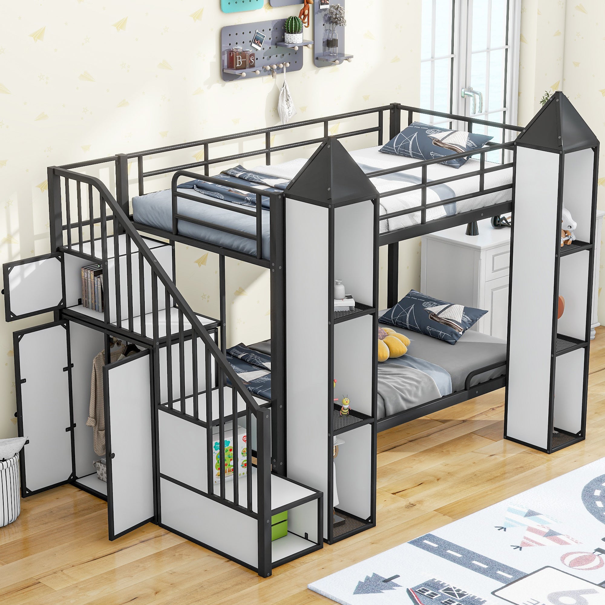 Metal Twin over Twin Castle Bunk Bed with Wardrobe & Storage Black White