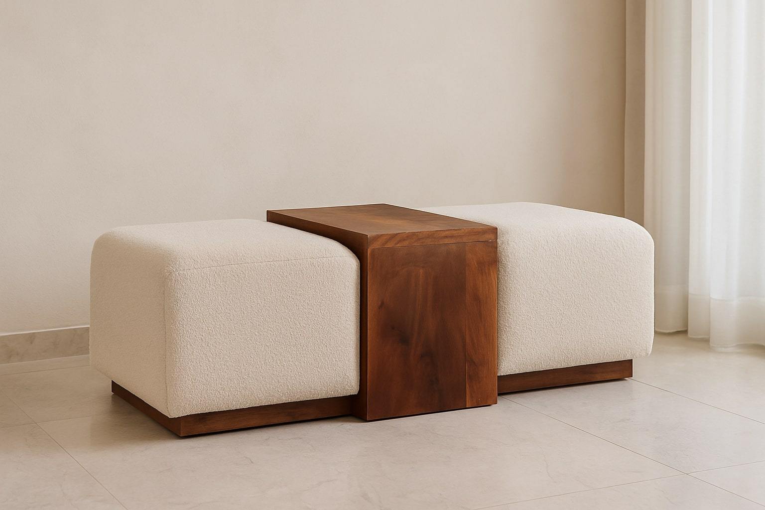 Arden Solid Wood Bench Duo: Warm Tone Boucle Seats