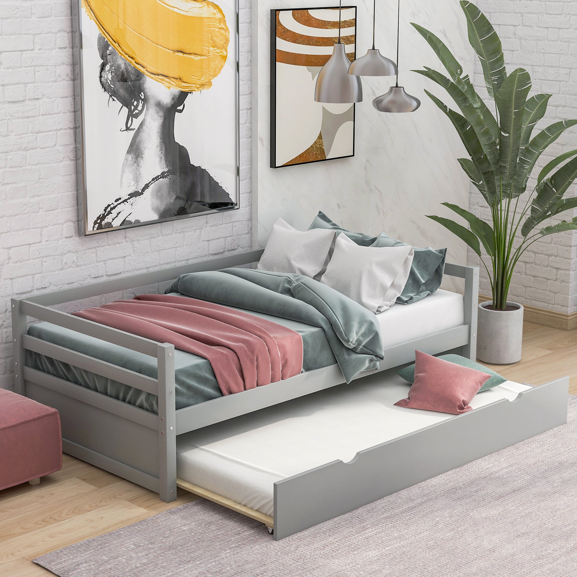 Gray Twin Daybed with Trundle Frame Set - Space Saving Solution