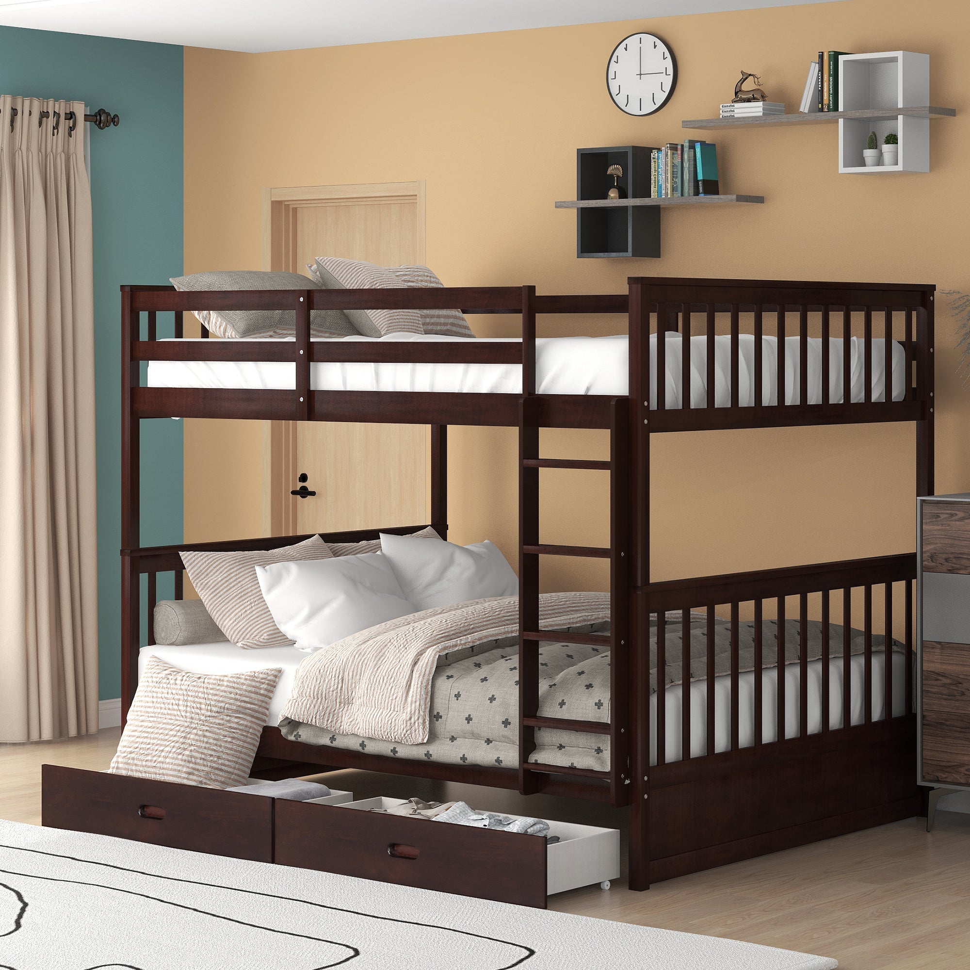 Full-Over-Full Bunk Bed with Ladders & 2 Storage Drawers - Espresso