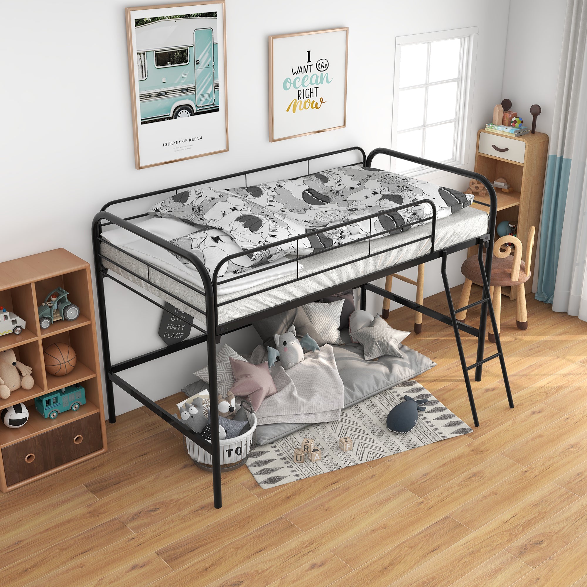 Space-Saving Black Metal Twin High Loft Bed Frame