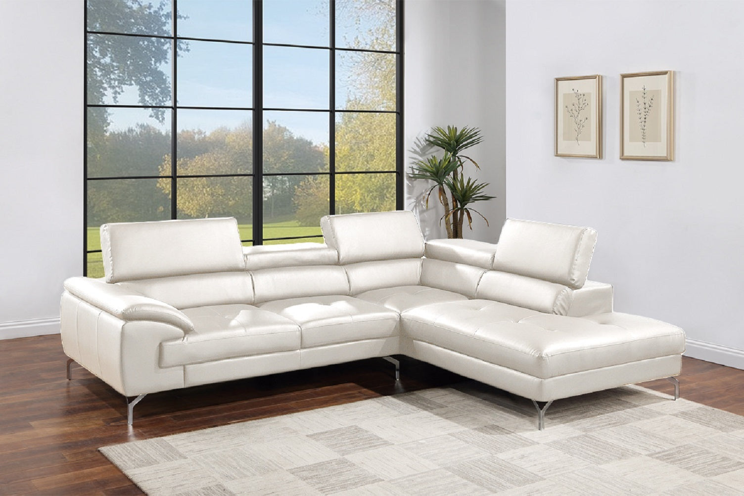 White Faux Leather 2pc Sectional Sofa Chaise Living Room