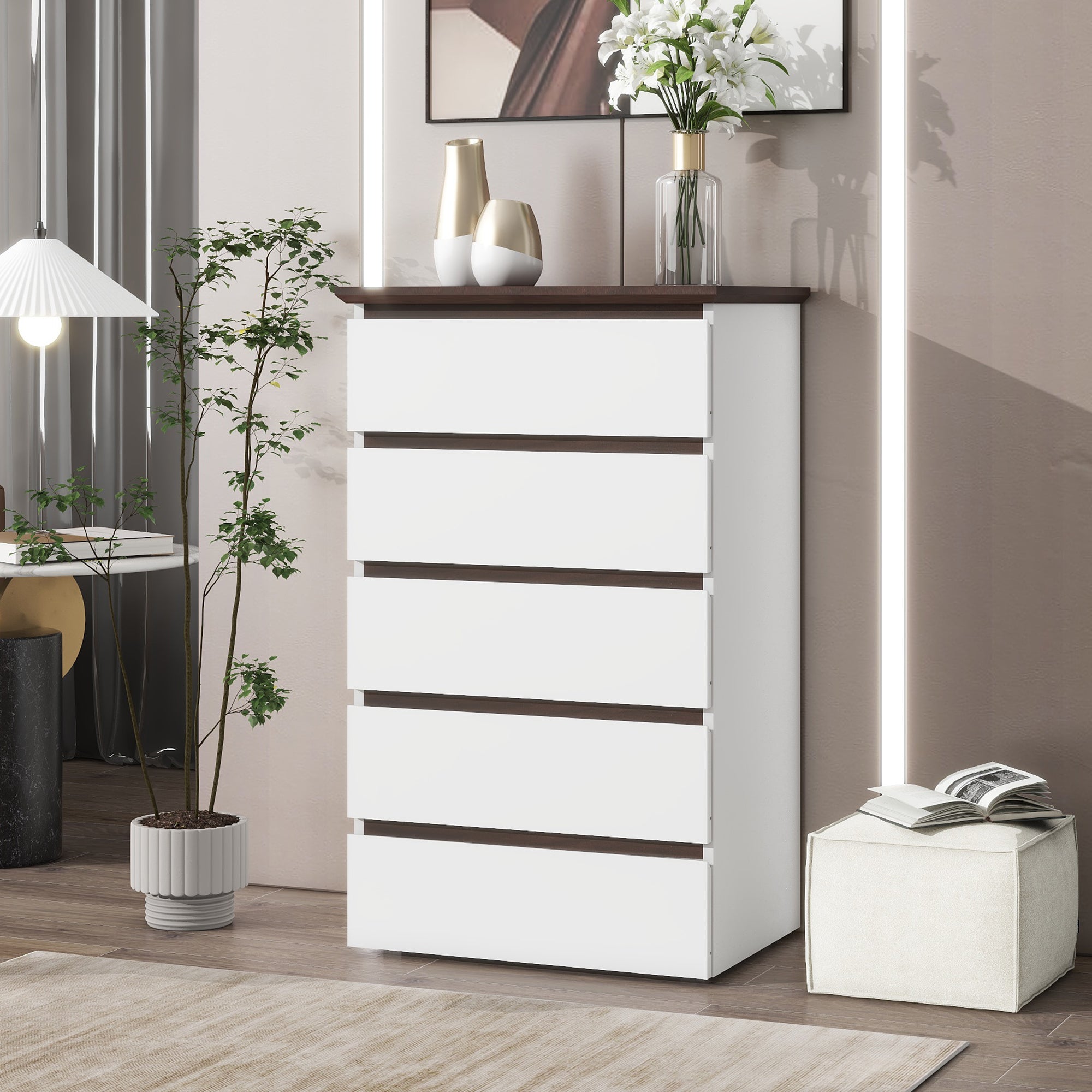 5 Drawer Dresser for Bedroom - Modern White & Walnut Storage