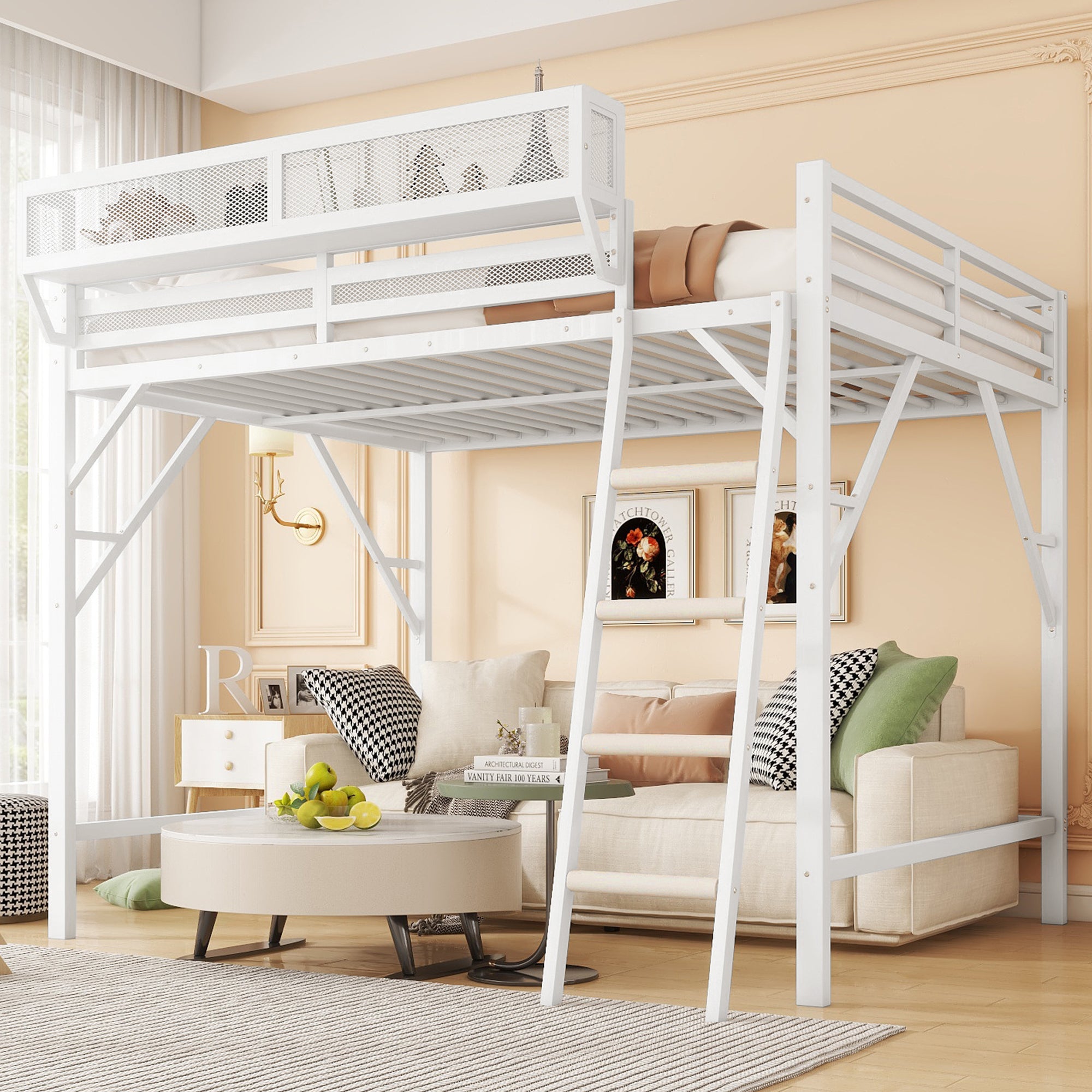 Full Size Metal High Loft Bed w/ Storage, Ladder - White Kids/Teens