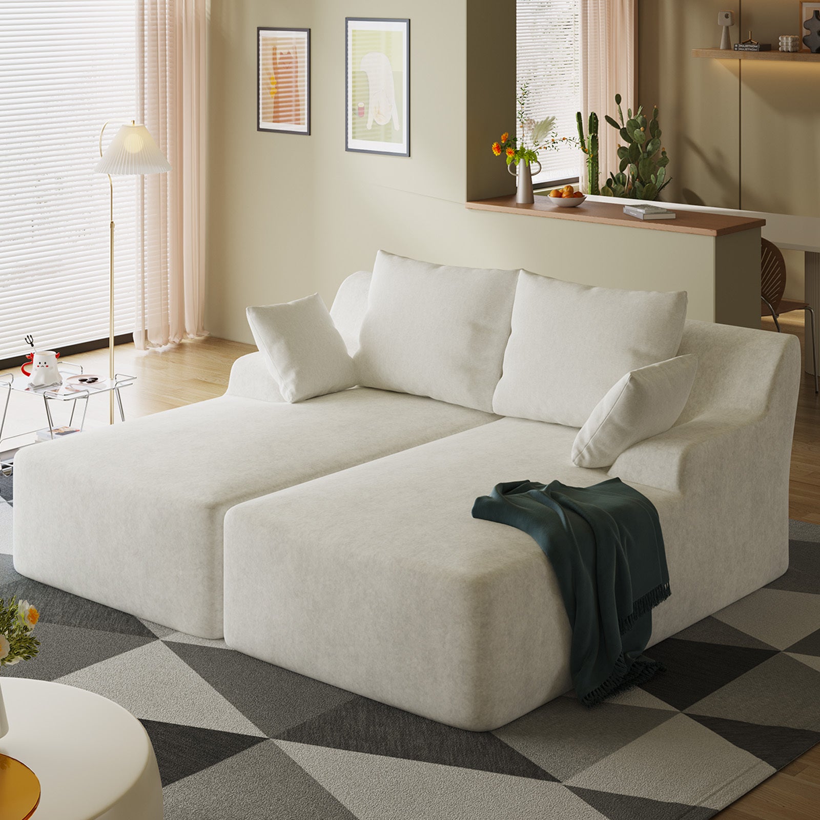 Velvet Dual Chaise Sectional Sofa, Deep Seat Lounger Off-White