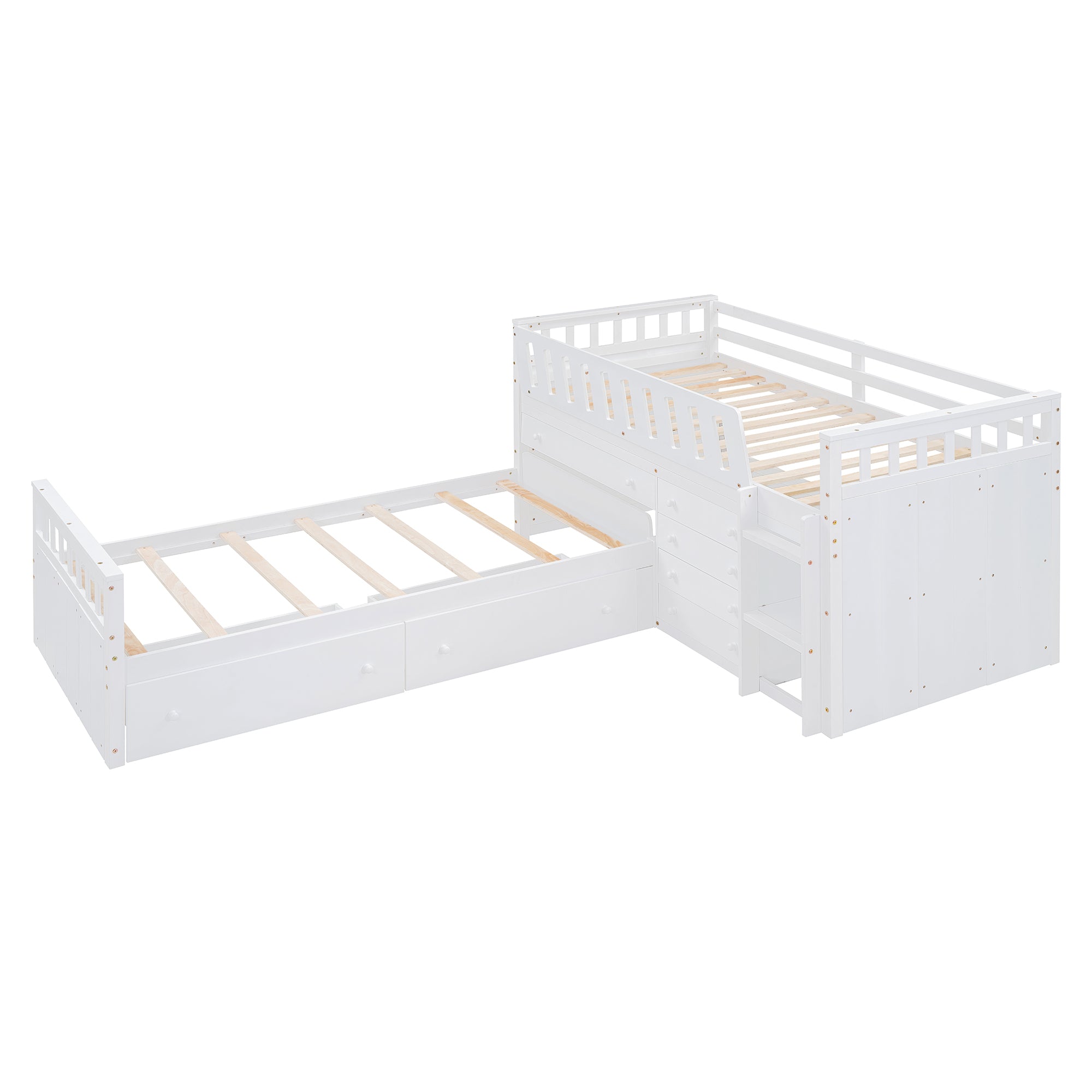L-Shaped Twin Loft & Platform Bed w/ 7 Drawers, Space-Saving White
