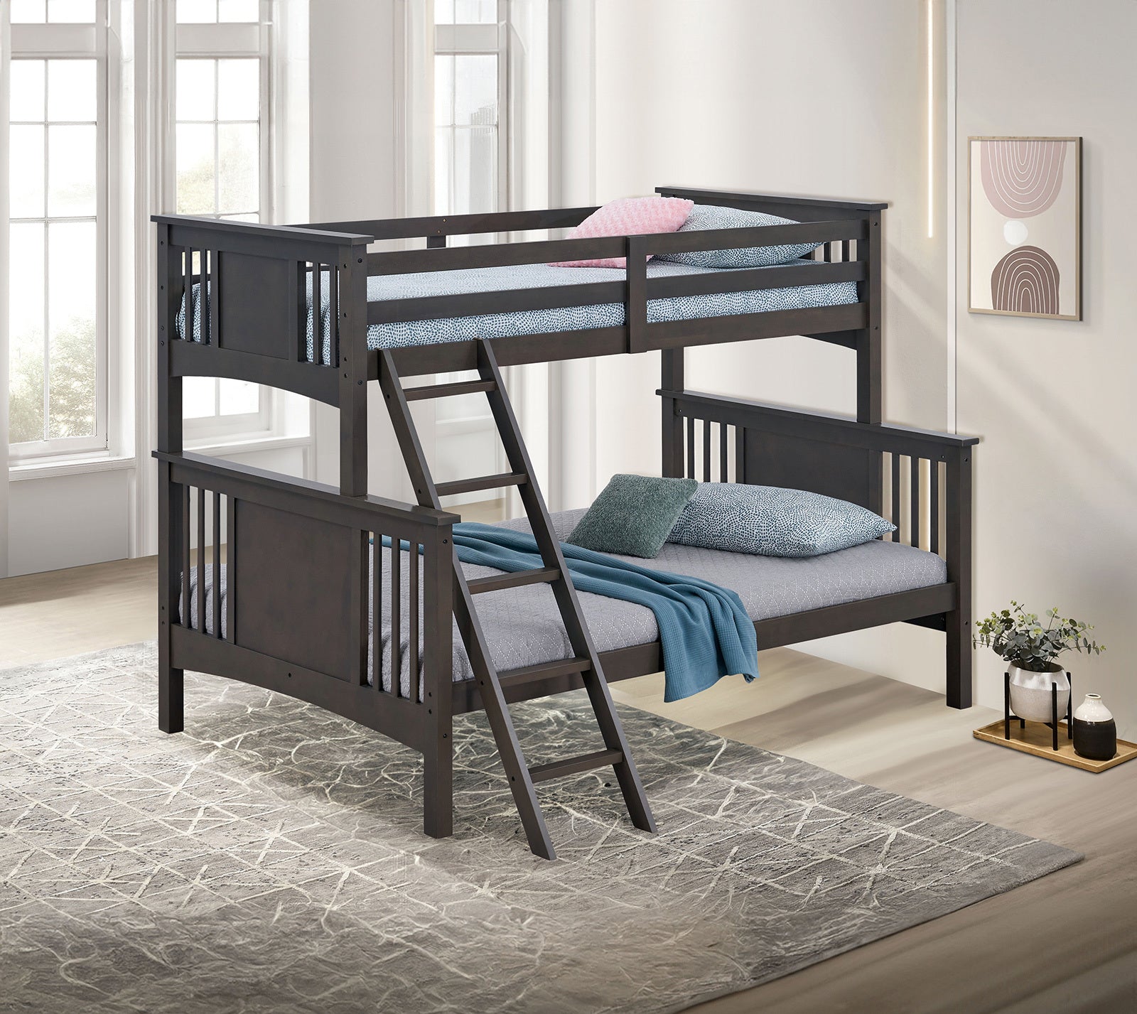 Modern Transitional Grey Mix Twin Over Full Bunk Bed with Ladder